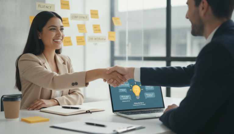 Create a stunning, professional hero image for a blog post titled "Cómo brillar en una entrevista de trabajo en inglés: Guía práctica con ejemplos". Context: Somos Zero to TENglish, una academia de inglés online para hispanohablantes. Ofrecemos cursos estructurados por niveles CEFR: A1 (Zero to Beginner), A2 (Beginner to Explorer), B1 (Explorer to Speaker), B2 (Speaker to Pro), C1 (Pro to Fluent), y un programa especial para niños llamado Tiny Talkers. También ofrecemos un examen diagnóstico gratuito. TEMÁTICAS DEL BLOG (variar entre todas): - Tips y técnicas para aprender inglés más rápido - Gramática explicada de forma simple y práctica (tiempos verbales, preposiciones, condicionales, etc.) - Vocabulario temático (negocios, viajes, tecnología, medicina, vida diaria) - Phrasal verbs y expresiones idiomáticas con ejemplos reales - Errores comunes que cometen los hispanohablantes en inglés - Diferencias entre inglés americano y británico - Pronunciación y fonética (sonidos difíciles para hispanohablantes) - Preparación para exámenes (TOEFL, IELTS, Cambridge) - Inglés para situaciones específicas (entrevistas de trabajo, presentaciones, viajes) - Cultura anglosajona (costumbres, festividades, modismos culturales) - Recursos y herramientas para practicar inglés por tu cuenta - Historias de éxito y motivación para estudiantes - Comparativas español-inglés (false friends, cognados, estructuras diferentes) - Listening y comprensión auditiva (series, podcasts, música recomendada) - Business English y vocabulario profesional TONO Y ESTILO: - Amigable, cercano y motivador, como un profesor cool que te explica con ejemplos prácticos - Siempre incluir ejemplos en inglés con su traducción al español entre paréntesis - Usar analogías con situaciones cotidianas para explicar conceptos - Incluir mini-ejercicios o desafíos al final cuando sea posible - Cada artículo debe hacer que el lector sienta que aprendió algo útil de inmediato PÚBLICO OBJETIVO: - Adultos hispanohablantes de 18-45 años que quieren aprender o mejorar su inglés - Desde principiantes absolutos hasta niveles intermedios-avanzados - Personas que buscan mejorar su inglés por trabajo, viajes o desarrollo personal SEO: - Enfocar cada artículo en una keyword principal relacionada con aprender inglés - Usar preguntas que la gente buscaría en Google como parte de los títulos y headings - Incluir keywords long-tail naturalmente en el contenido CATEGORÍAS DISPONIBLES (usar de 1 a 2 por artículo): - Gramática - Vocabulario - Pronunciación - Tips de Aprendizaje - Business English - Cultura - Expresiones y Modismos - Exámenes - Recursos. The image should be eye-catching, modern, and relevant to the topic. Use vibrant colors and professional composition. Photorealistic style.