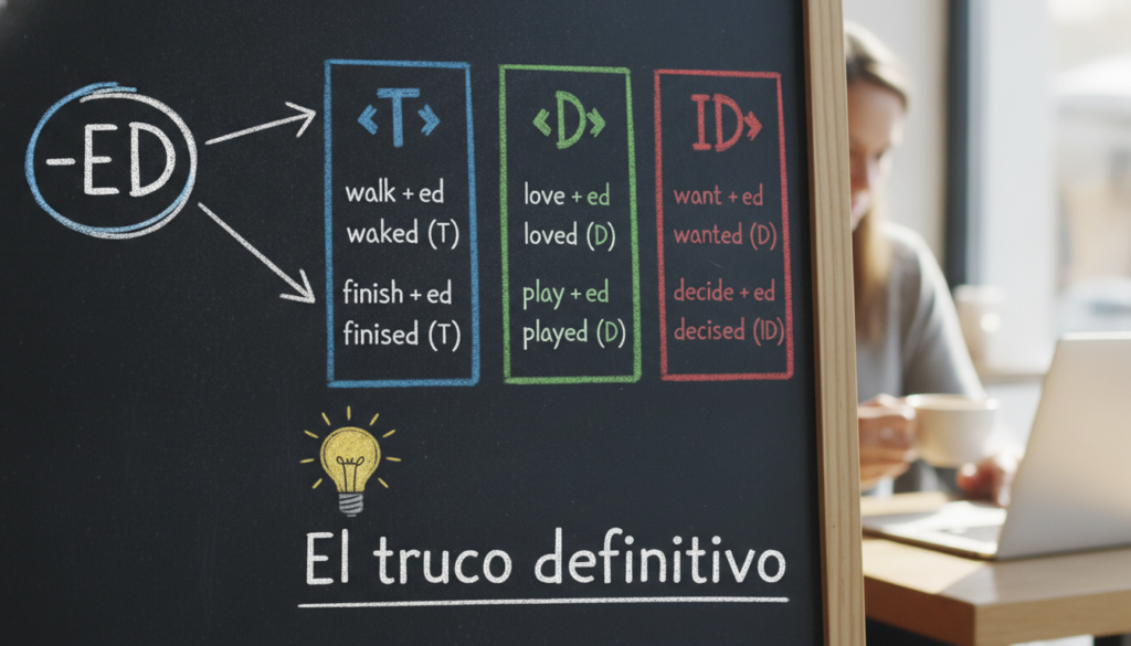 Create a stunning, professional hero image for a blog post titled "Cómo pronunciar la terminación -ED en inglés: El truco definitivo". Context: Somos Zero to TENglish, una academia de inglés online para hispanohablantes. Ofrecemos cursos estructurados por niveles CEFR: A1 (Zero to Beginner), A2 (Beginner to Explorer), B1 (Explorer to Speaker), B2 (Speaker to Pro), C1 (Pro to Fluent), y un programa especial para niños llamado Tiny Talkers. También ofrecemos un examen diagnóstico gratuito. TEMÁTICAS DEL BLOG (variar entre todas): - Tips y técnicas para aprender inglés más rápido - Gramática explicada de forma simple y práctica (tiempos verbales, preposiciones, condicionales, etc.) - Vocabulario temático (negocios, viajes, tecnología, medicina, vida diaria) - Phrasal verbs y expresiones idiomáticas con ejemplos reales - Errores comunes que cometen los hispanohablantes en inglés - Diferencias entre inglés americano y británico - Pronunciación y fonética (sonidos difíciles para hispanohablantes) - Preparación para exámenes (TOEFL, IELTS, Cambridge) - Inglés para situaciones específicas (entrevistas de trabajo, presentaciones, viajes) - Cultura anglosajona (costumbres, festividades, modismos culturales) - Recursos y herramientas para practicar inglés por tu cuenta - Historias de éxito y motivación para estudiantes - Comparativas español-inglés (false friends, cognados, estructuras diferentes) - Listening y comprensión auditiva (series, podcasts, música recomendada) - Business English y vocabulario profesional TONO Y ESTILO: - Amigable, cercano y motivador, como un profesor cool que te explica con ejemplos prácticos - Siempre incluir ejemplos en inglés con su traducción al español entre paréntesis - Usar analogías con situaciones cotidianas para explicar conceptos - Incluir mini-ejercicios o desafíos al final cuando sea posible - Cada artículo debe hacer que el lector sienta que aprendió algo útil de inmediato PÚBLICO OBJETIVO: - Adultos hispanohablantes de 18-45 años que quieren aprender o mejorar su inglés - Desde principiantes absolutos hasta niveles intermedios-avanzados - Personas que buscan mejorar su inglés por trabajo, viajes o desarrollo personal SEO: - Enfocar cada artículo en una keyword principal relacionada con aprender inglés - Usar preguntas que la gente buscaría en Google como parte de los títulos y headings - Incluir keywords long-tail naturalmente en el contenido CATEGORÍAS DISPONIBLES (usar de 1 a 2 por artículo): - Gramática - Vocabulario - Pronunciación - Tips de Aprendizaje - Business English - Cultura - Expresiones y Modismos - Exámenes - Recursos. The image should be eye-catching, modern, and relevant to the topic. Use vibrant colors and professional composition. Photorealistic style.