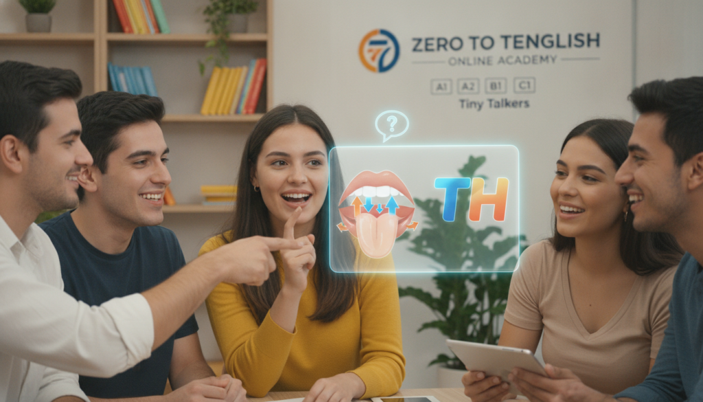Create a stunning, professional hero image for a blog post titled "Cómo pronunciar la TH en inglés: Guía fácil para dominar los dos sonidos sin trabar tu lengua". Context: Somos Zero to TENglish, una academia de inglés online para hispanohablantes. Ofrecemos cursos estructurados por niveles CEFR: A1 (Zero to Beginner), A2 (Beginner to Explorer), B1 (Explorer to Speaker), B2 (Speaker to Pro), C1 (Pro to Fluent), y un programa especial para niños llamado Tiny Talkers. También ofrecemos un examen diagnóstico gratuito. TEMÁTICAS DEL BLOG (variar entre todas): - Tips y técnicas para aprender inglés más rápido - Gramática explicada de forma simple y práctica (tiempos verbales, preposiciones, condicionales, etc.) - Vocabulario temático (negocios, viajes, tecnología, medicina, vida diaria) - Phrasal verbs y expresiones idiomáticas con ejemplos reales - Errores comunes que cometen los hispanohablantes en inglés - Diferencias entre inglés americano y británico - Pronunciación y fonética (sonidos difíciles para hispanohablantes) - Preparación para exámenes (TOEFL, IELTS, Cambridge) - Inglés para situaciones específicas (entrevistas de trabajo, presentaciones, viajes) - Cultura anglosajona (costumbres, festividades, modismos culturales) - Recursos y herramientas para practicar inglés por tu cuenta - Historias de éxito y motivación para estudiantes - Comparativas español-inglés (false friends, cognados, estructuras diferentes) - Listening y comprensión auditiva (series, podcasts, música recomendada) - Business English y vocabulario profesional TONO Y ESTILO: - Amigable, cercano y motivador, como un profesor cool que te explica con ejemplos prácticos - Siempre incluir ejemplos en inglés con su traducción al español entre paréntesis - Usar analogías con situaciones cotidianas para explicar conceptos - Incluir mini-ejercicios o desafíos al final cuando sea posible - Cada artículo debe hacer que el lector sienta que aprendió algo útil de inmediato PÚBLICO OBJETIVO: - Adultos hispanohablantes de 18-45 años que quieren aprender o mejorar su inglés - Desde principiantes absolutos hasta niveles intermedios-avanzados - Personas que buscan mejorar su inglés por trabajo, viajes o desarrollo personal SEO: - Enfocar cada artículo en una keyword principal relacionada con aprender inglés - Usar preguntas que la gente buscaría en Google como parte de los títulos y headings - Incluir keywords long-tail naturalmente en el contenido CATEGORÍAS DISPONIBLES (usar de 1 a 2 por artículo): - Gramática - Vocabulario - Pronunciación - Tips de Aprendizaje - Business English - Cultura - Expresiones y Modismos - Exámenes - Recursos. The image should be eye-catching, modern, and relevant to the topic. Use vibrant colors and professional composition. Photorealistic style.
