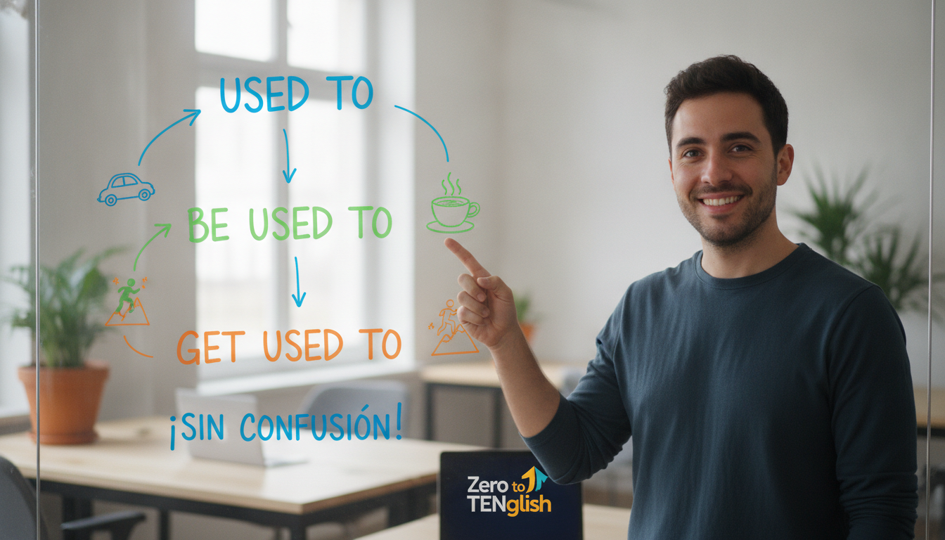 Create a stunning, professional hero image for a blog post titled "Cómo usar Used to, Be used to y Get used to en inglés sin confundirte". Context: Somos Zero to TENglish, una academia de inglés online para hispanohablantes. Ofrecemos cursos estructurados por niveles CEFR: A1 (Zero to Beginner), A2 (Beginner to Explorer), B1 (Explorer to Speaker), B2 (Speaker to Pro), C1 (Pro to Fluent), y un programa especial para niños llamado Tiny Talkers. También ofrecemos un examen diagnóstico gratuito. TEMÁTICAS DEL BLOG (variar entre todas): - Tips y técnicas para aprender inglés más rápido - Gramática explicada de forma simple y práctica (tiempos verbales, preposiciones, condicionales, etc.) - Vocabulario temático (negocios, viajes, tecnología, medicina, vida diaria) - Phrasal verbs y expresiones idiomáticas con ejemplos reales - Errores comunes que cometen los hispanohablantes en inglés - Diferencias entre inglés americano y británico - Pronunciación y fonética (sonidos difíciles para hispanohablantes) - Preparación para exámenes (TOEFL, IELTS, Cambridge) - Inglés para situaciones específicas (entrevistas de trabajo, presentaciones, viajes) - Cultura anglosajona (costumbres, festividades, modismos culturales) - Recursos y herramientas para practicar inglés por tu cuenta - Historias de éxito y motivación para estudiantes - Comparativas español-inglés (false friends, cognados, estructuras diferentes) - Listening y comprensión auditiva (series, podcasts, música recomendada) - Business English y vocabulario profesional TONO Y ESTILO: - Amigable, cercano y motivador, como un profesor cool que te explica con ejemplos prácticos - Siempre incluir ejemplos en inglés con su traducción al español entre paréntesis - Usar analogías con situaciones cotidianas para explicar conceptos - Incluir mini-ejercicios o desafíos al final cuando sea posible - Cada artículo debe hacer que el lector sienta que aprendió algo útil de inmediato PÚBLICO OBJETIVO: - Adultos hispanohablantes de 18-45 años que quieren aprender o mejorar su inglés - Desde principiantes absolutos hasta niveles intermedios-avanzados - Personas que buscan mejorar su inglés por trabajo, viajes o desarrollo personal SEO: - Enfocar cada artículo en una keyword principal relacionada con aprender inglés - Usar preguntas que la gente buscaría en Google como parte de los títulos y headings - Incluir keywords long-tail naturalmente en el contenido CATEGORÍAS DISPONIBLES (usar de 1 a 2 por artículo): - Gramática - Vocabulario - Pronunciación - Tips de Aprendizaje - Business English - Cultura - Expresiones y Modismos - Exámenes - Recursos. The image should be eye-catching, modern, and relevant to the topic. Use vibrant colors and professional composition. Photorealistic style.