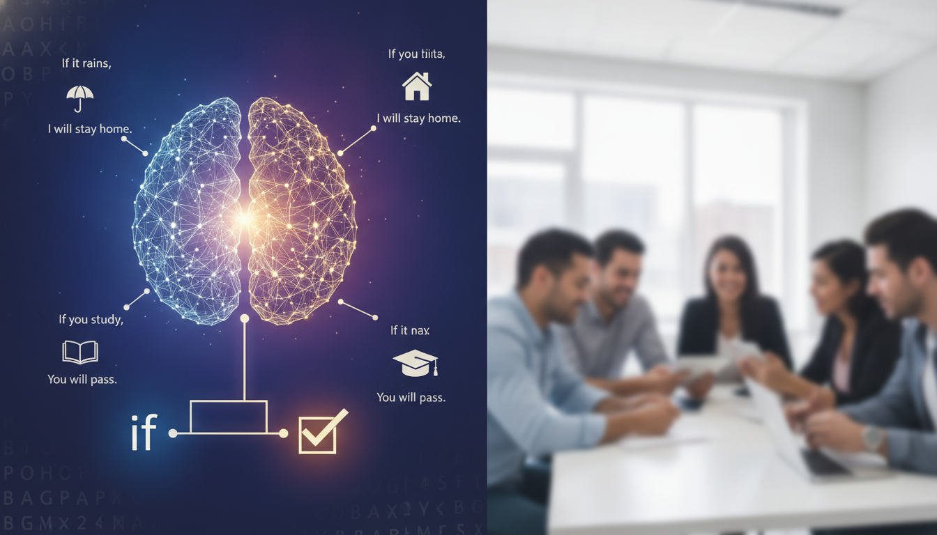 Create a stunning, professional hero image for a blog post titled "Condicionales en Inglés: Guía Práctica para Dominar el 'If' sin Dolor de Cabeza". Context: Somos Zero to TENglish, una academia de inglés online para hispanohablantes. Ofrecemos cursos estructurados por niveles CEFR: A1 (Zero to Beginner), A2 (Beginner to Explorer), B1 (Explorer to Speaker), B2 (Speaker to Pro), C1 (Pro to Fluent), y un programa especial para niños llamado Tiny Talkers. También ofrecemos un examen diagnóstico gratuito. TEMÁTICAS DEL BLOG (variar entre todas): - Tips y técnicas para aprender inglés más rápido - Gramática explicada de forma simple y práctica (tiempos verbales, preposiciones, condicionales, etc.) - Vocabulario temático (negocios, viajes, tecnología, medicina, vida diaria) - Phrasal verbs y expresiones idiomáticas con ejemplos reales - Errores comunes que cometen los hispanohablantes en inglés - Diferencias entre inglés americano y británico - Pronunciación y fonética (sonidos difíciles para hispanohablantes) - Preparación para exámenes (TOEFL, IELTS, Cambridge) - Inglés para situaciones específicas (entrevistas de trabajo, presentaciones, viajes) - Cultura anglosajona (costumbres, festividades, modismos culturales) - Recursos y herramientas para practicar inglés por tu cuenta - Historias de éxito y motivación para estudiantes - Comparativas español-inglés (false friends, cognados, estructuras diferentes) - Listening y comprensión auditiva (series, podcasts, música recomendada) - Business English y vocabulario profesional TONO Y ESTILO: - Amigable, cercano y motivador, como un profesor cool que te explica con ejemplos prácticos - Siempre incluir ejemplos en inglés con su traducción al español entre paréntesis - Usar analogías con situaciones cotidianas para explicar conceptos - Incluir mini-ejercicios o desafíos al final cuando sea posible - Cada artículo debe hacer que el lector sienta que aprendió algo útil de inmediato PÚBLICO OBJETIVO: - Adultos hispanohablantes de 18-45 años que quieren aprender o mejorar su inglés - Desde principiantes absolutos hasta niveles intermedios-avanzados - Personas que buscan mejorar su inglés por trabajo, viajes o desarrollo personal SEO: - Enfocar cada artículo en una keyword principal relacionada con aprender inglés - Usar preguntas que la gente buscaría en Google como parte de los títulos y headings - Incluir keywords long-tail naturalmente en el contenido CATEGORÍAS DISPONIBLES (usar de 1 a 2 por artículo): - Gramática - Vocabulario - Pronunciación - Tips de Aprendizaje - Business English - Cultura - Expresiones y Modismos - Exámenes - Recursos. The image should be eye-catching, modern, and relevant to the topic. Use vibrant colors and professional composition. Photorealistic style.