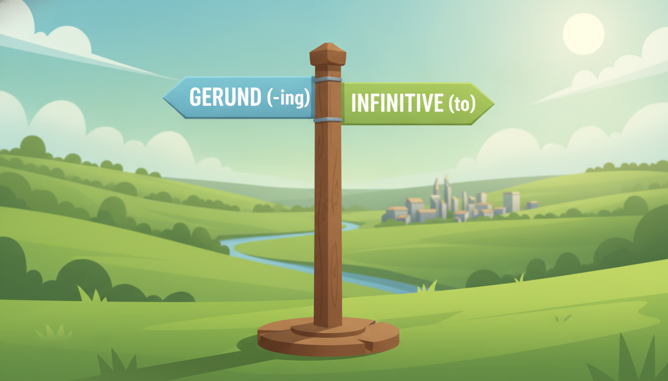 An illustrative concept of a crossroads road sign with one arrow pointing to 'GERUND (-ing)' and the other pointing to 'INFINITIVE (to)', beautiful scenic background, clear daylight, modern flat vector illustration style.