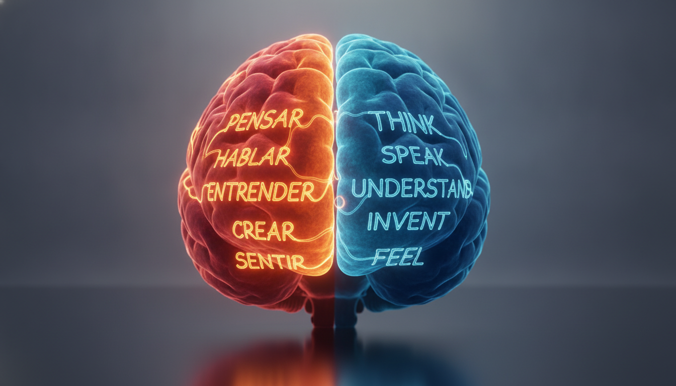 A creative concept of a human brain split in two: one half with warm colors and Spanish words, the other half with cool blue colors and English words like 'Think', 'Speak', 'Understand'. Digital art, conceptual illustration.