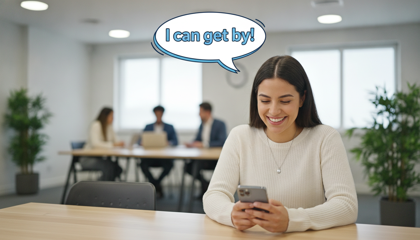 A young Hispanic woman smiling while looking at her smartphone, with a speech bubble showing 'I can get by!', modern office background, bright and encouraging atmosphere.