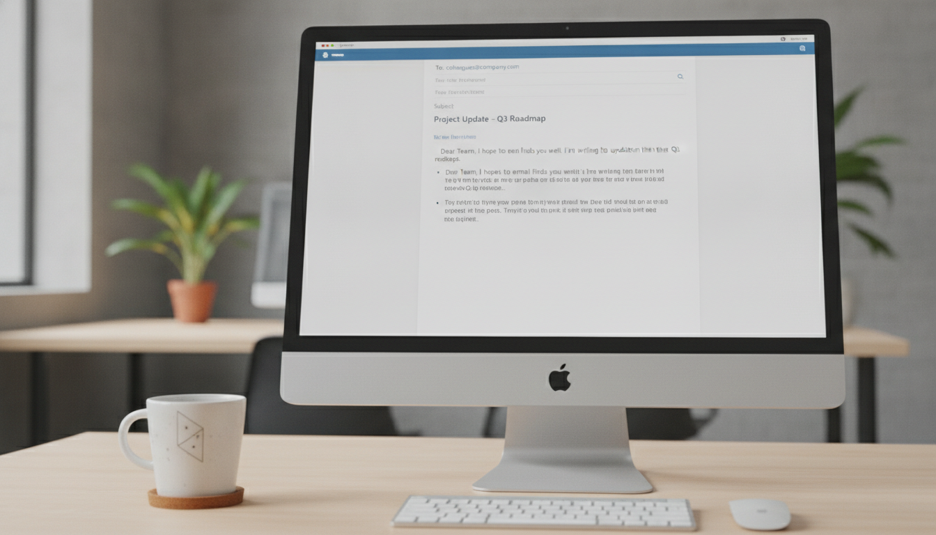 Close-up of a clean computer screen showing a professional email draft in English, with coffee mug on the desk, shallow depth of field, modern corporate aesthetic