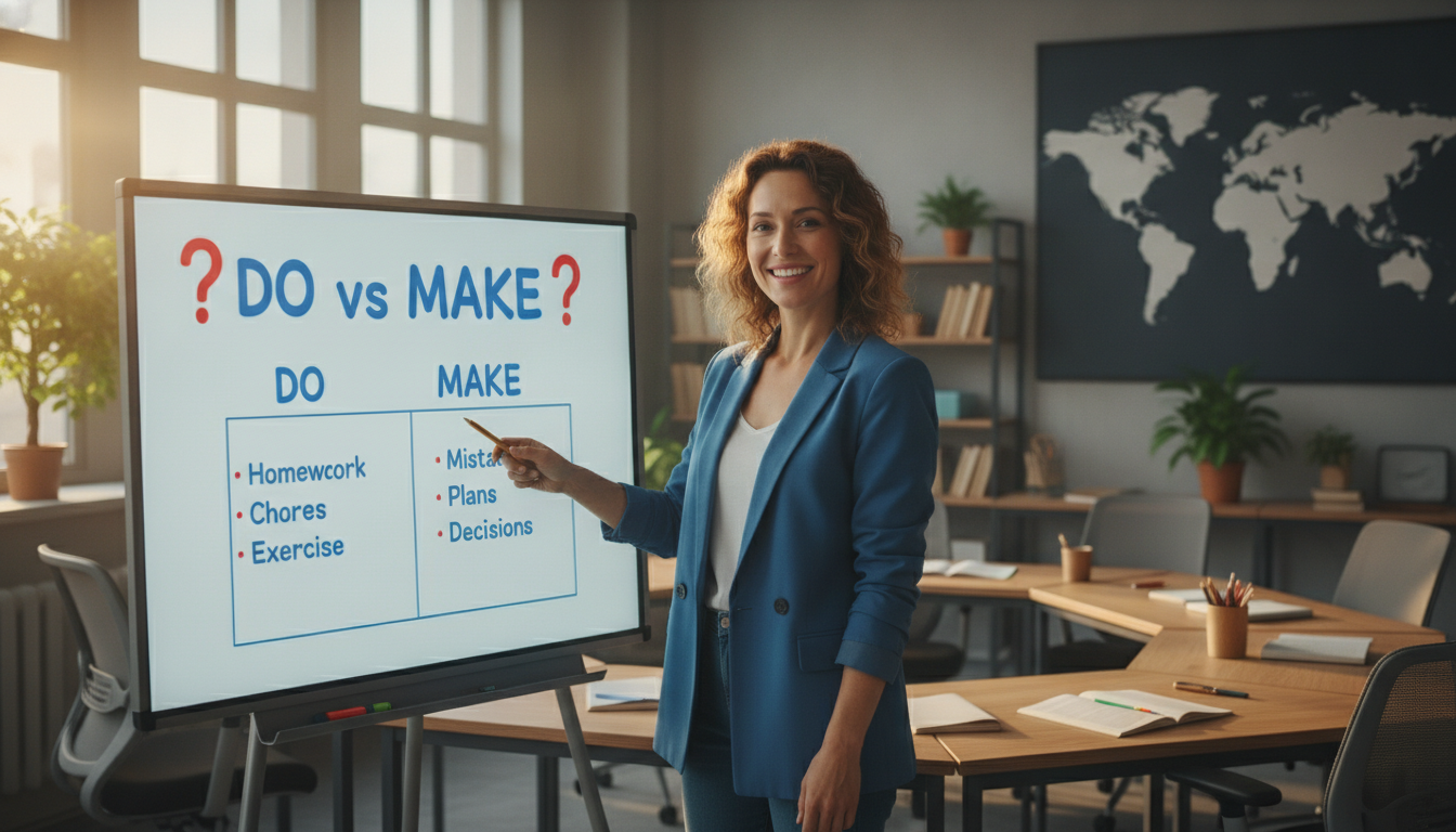 An engaging, friendly English teacher pointing at a bright whiteboard with 'DO vs MAKE' written in bold, friendly letters. Beautiful, modern classroom setting with warm, inviting lighting.
