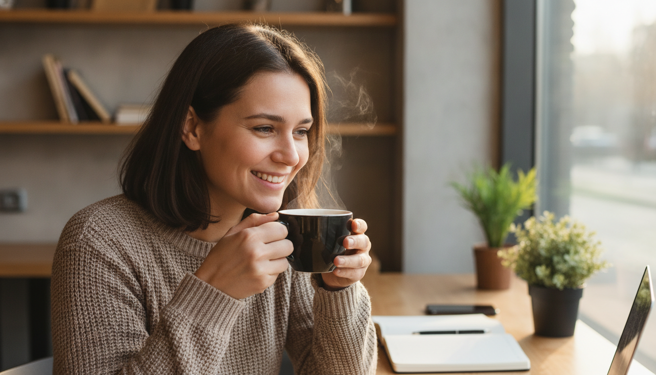 A person drinking a cup of hot black coffee in a cozy modern cafe, smiling, representing the concept of getting used to a new habit, cinematic style.