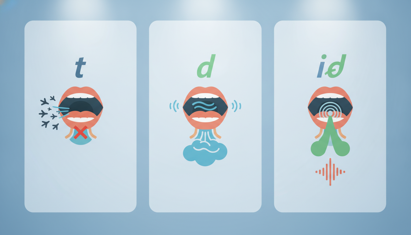 A stylized infographic illustrating the three sounds of the -ED ending in English: /t/, /d/, and /id/, with clear visual elements like a throat vibrating and dry air symbols, modern flat design, educational