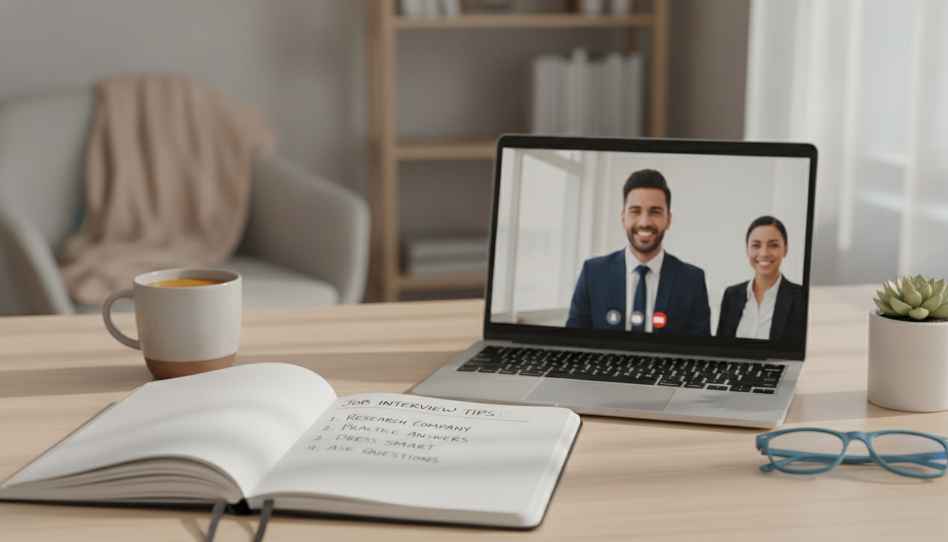 An organized desk with a notebook showing tips for a job interview in English, a coffee mug, and a laptop with a video call screen, cozy and modern workspace
