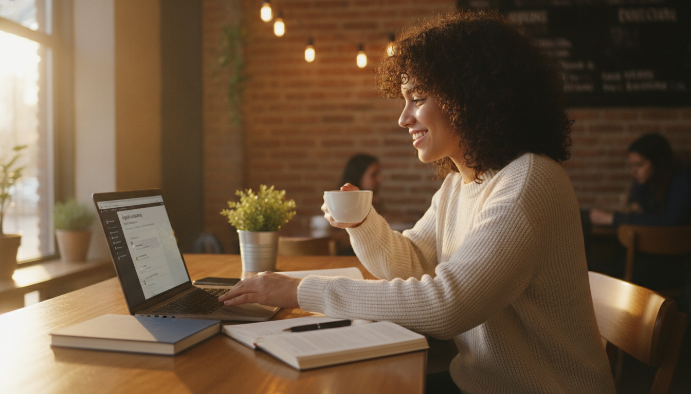 A cheerful young Hispanic adult studying English on a laptop at a cozy coffee shop, looking happy and confident, warm lighting.