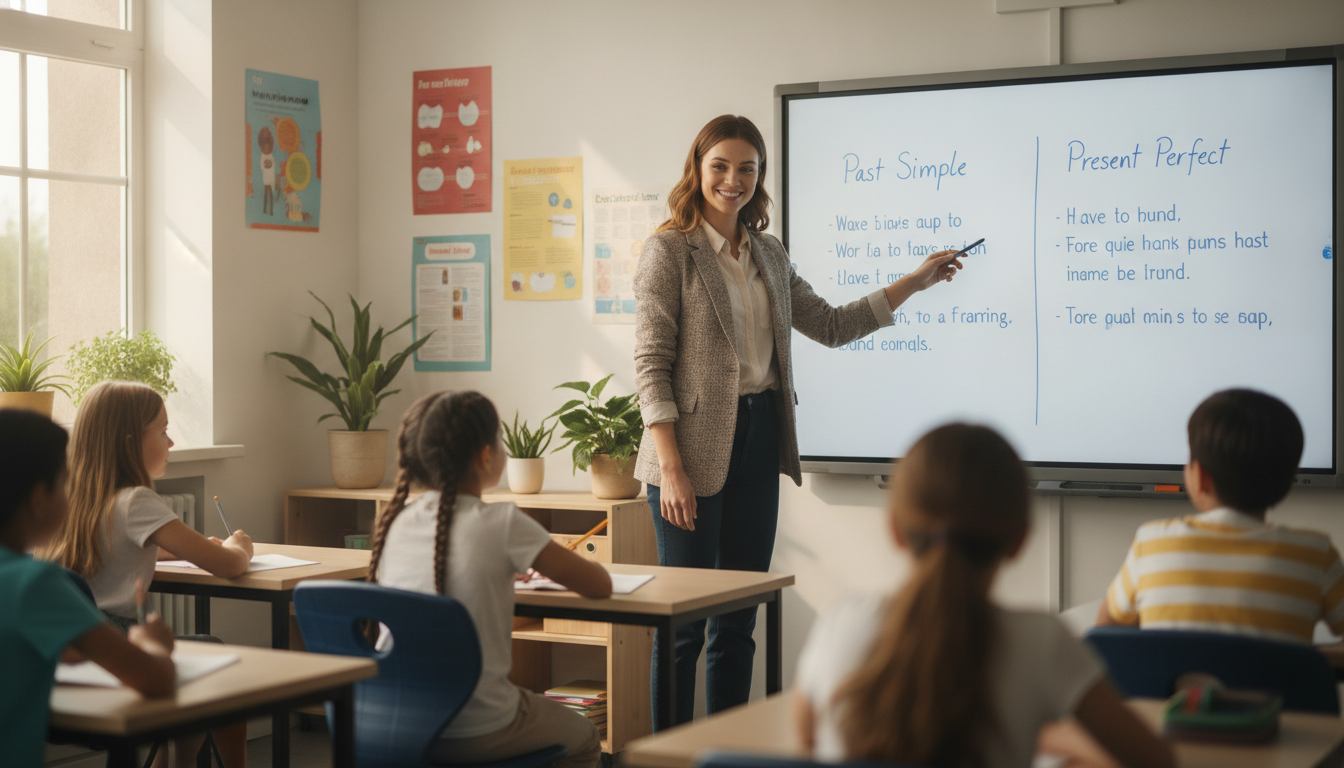 A friendly young teacher in a modern classroom pointing to a whiteboard where 'Past Simple vs Present Perfect' is written in neat handwriting, bright and motivating atmosphere.
