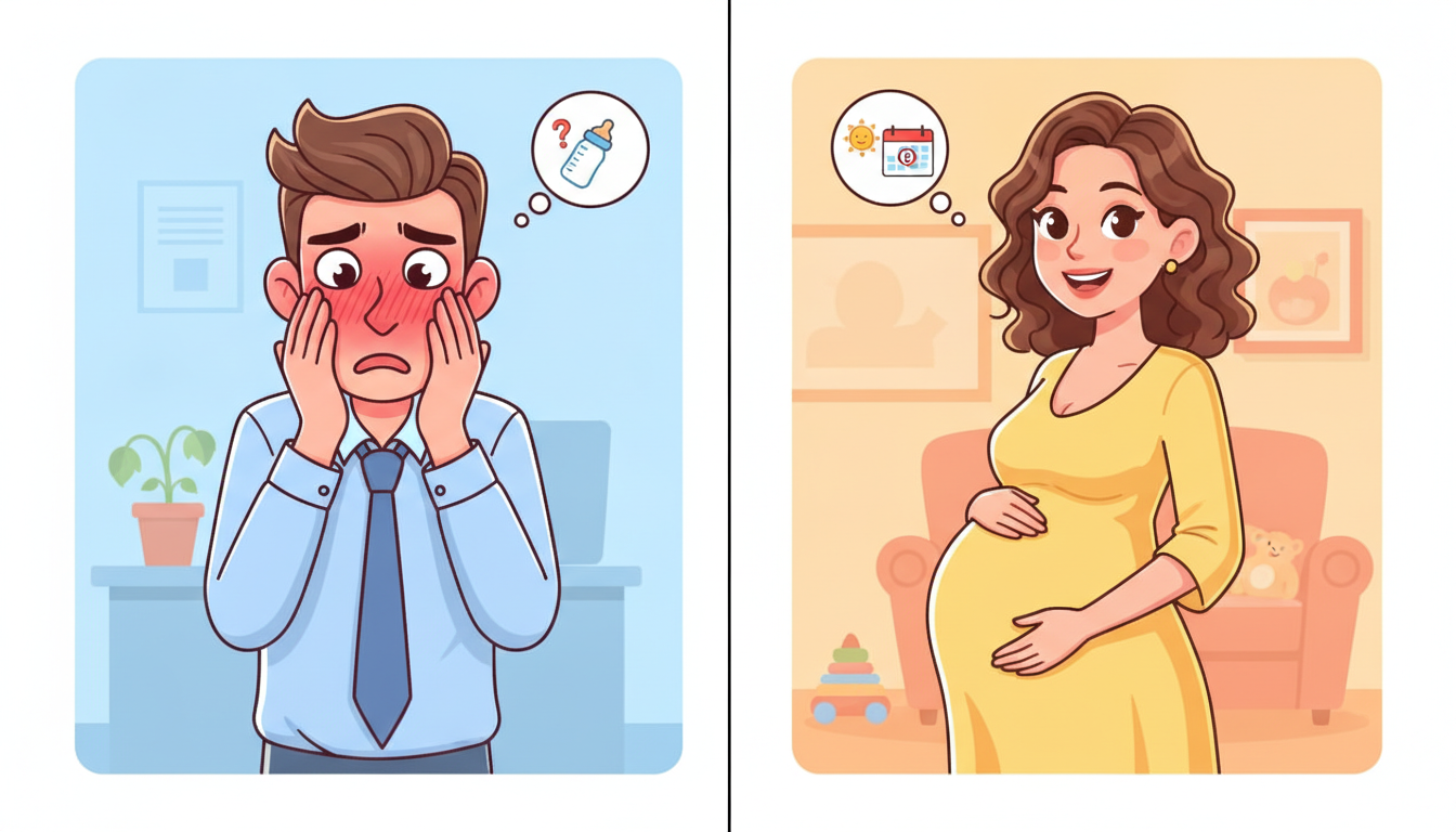 A humorous split-screen cartoon illustration. On the left: a young professional blushing and looking embarrassed. On the right: a pregnant woman smiling. Clear, bright colors, modern digital art style