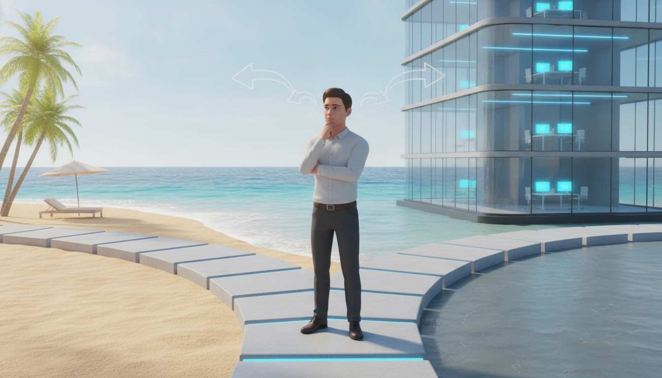 A young professional thinking of two paths, one path showing a sunny beach and the other showing a modern office, representing decision-making and conditionals, 3D style.