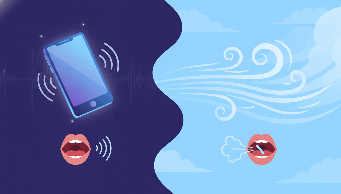 An illustration showing a comparison between a vibrating mobile phone representing the voiced TH sound and a blowing wind representing the voiceless TH sound, clean vector style
