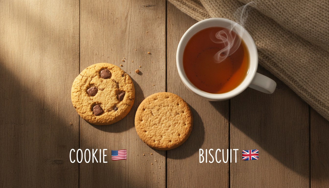 A cozy scene of a table with a cup of tea, a chocolate chip cookie labeled 'Cookie' with an American flag icon and a digestive biscuit labeled 'Biscuit' with a British flag icon, flat lay illustration.