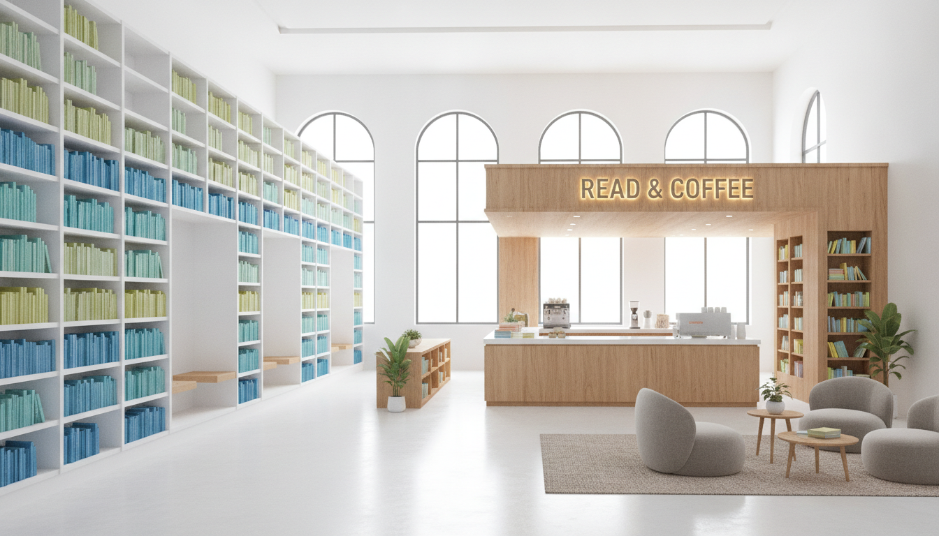A clean, modern library interior with bookshelves on one side, and a cozy bookstore storefront on the other, minimalist vector illustration, bright educational style