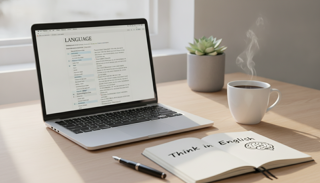 A clean, modern workspace with a laptop displaying an English dictionary, a steaming mug of coffee, and a small notebook with the words 'Think in English' written on it. Soft natural lighting, cozy and motivational atmosphere.