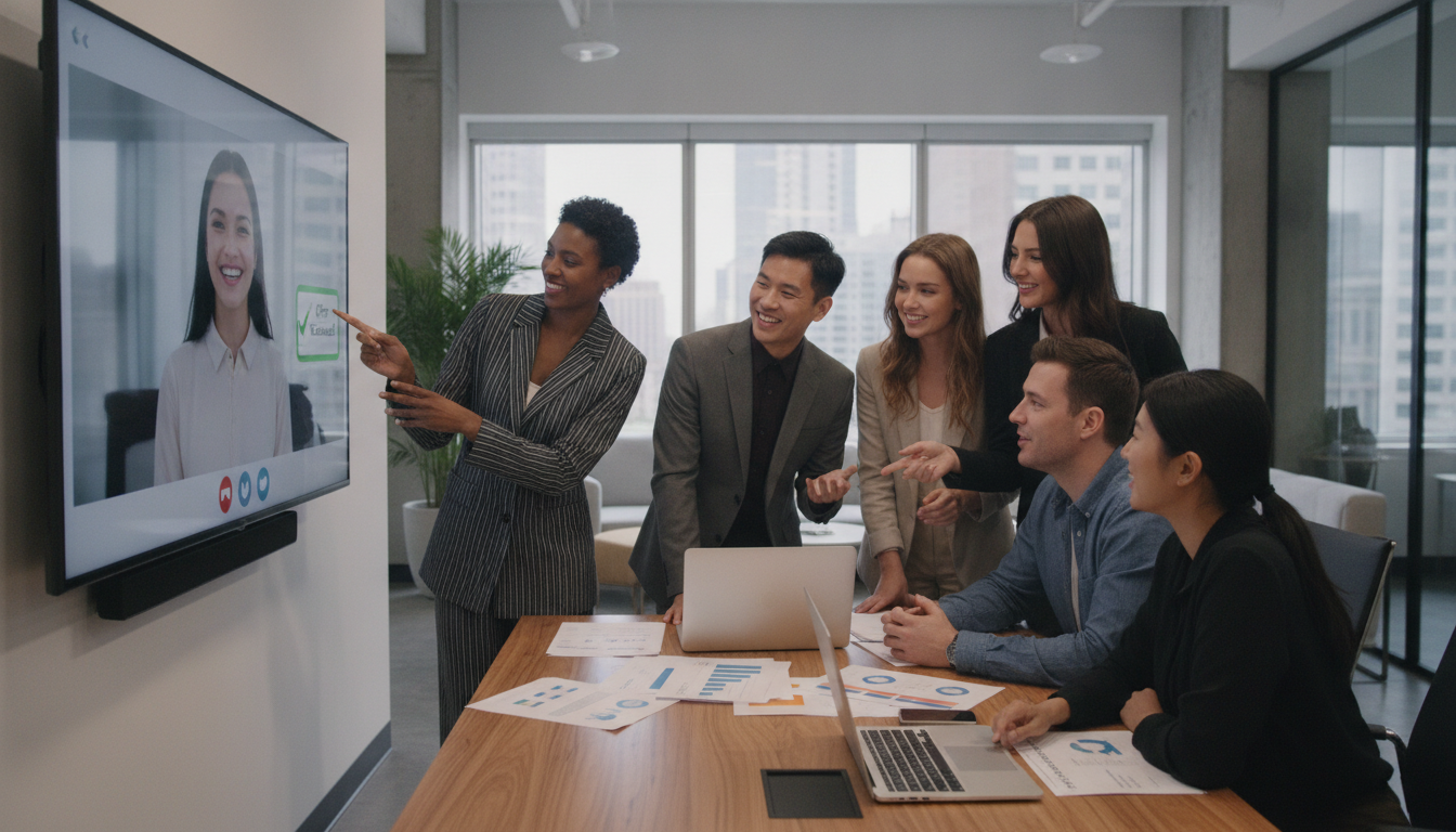 A diverse team of recruiters in an office looking at a screen during a successful video conference interview, professional and friendly atmosphere
