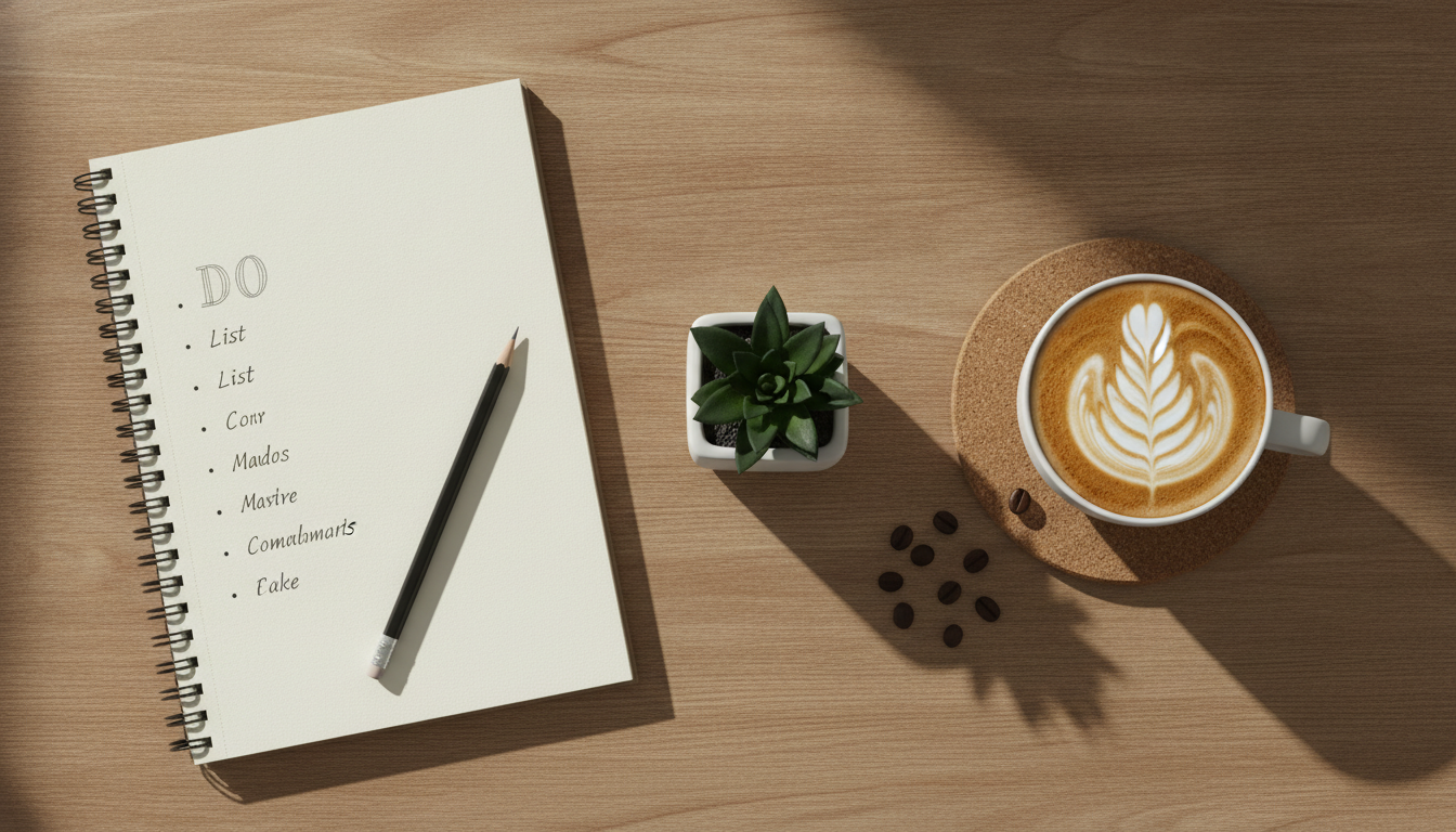 A stylish flat lay view of a wooden desk. On one side, a neat to-do list with a pencil (representing tasks and 'DO'). On the other side, a fresh, warm cup of cappuccino with latte art (representing creation and 'MAKE'). Minimalist and aesthetic design.