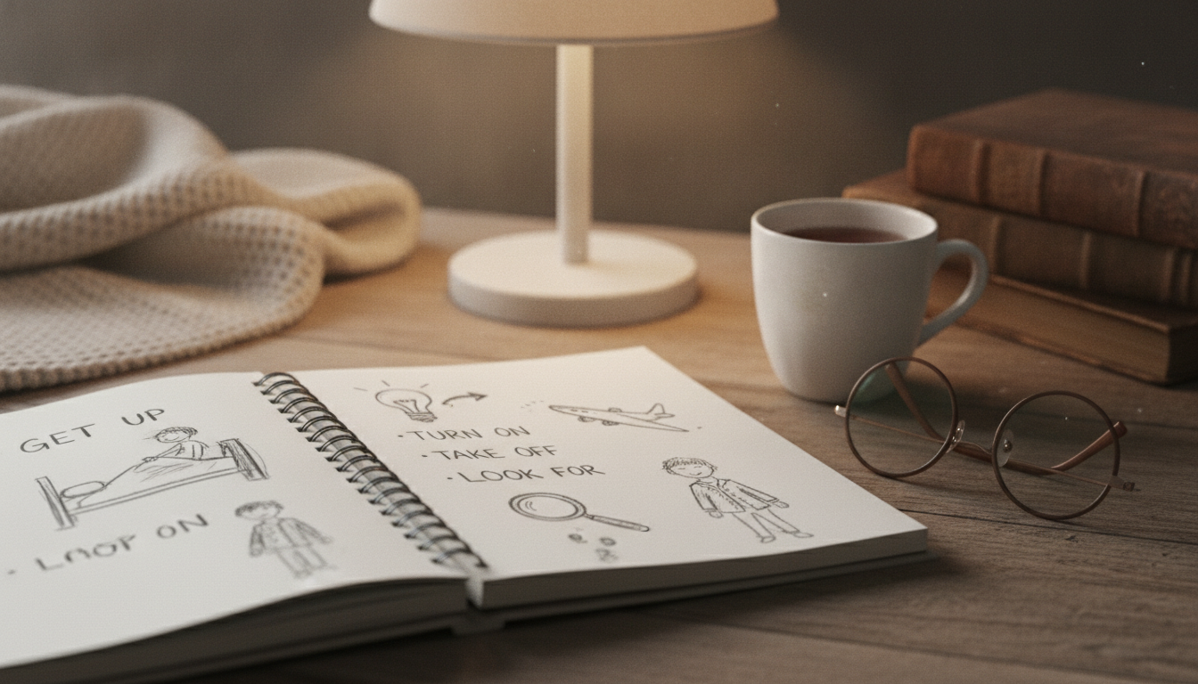 An open notebook on a wooden desk with hand-written English phrasal verbs and drawings, cozy study environment, warm soft lighting.