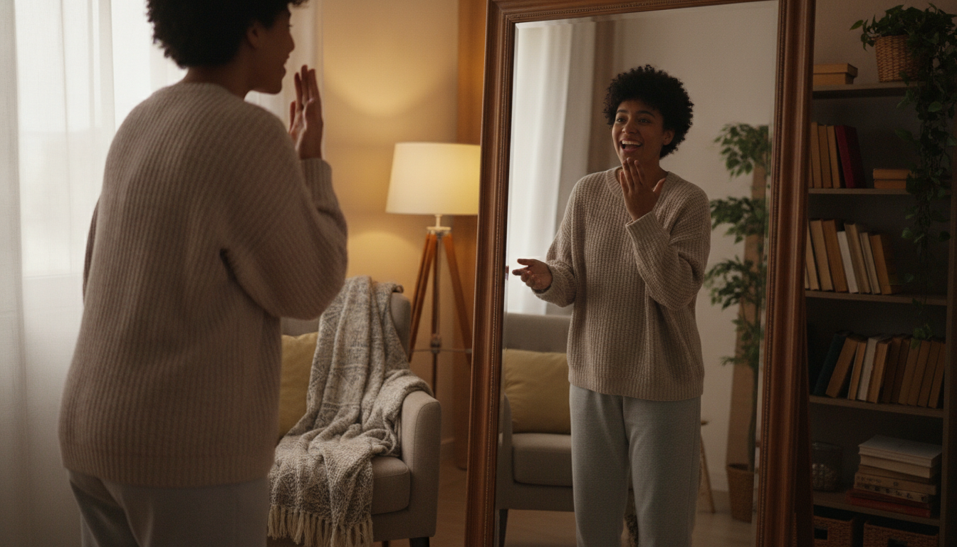 A young Hispanic adult practicing English pronunciation in front of a mirror with a happy and confident expression, cozy home environment, soft lighting