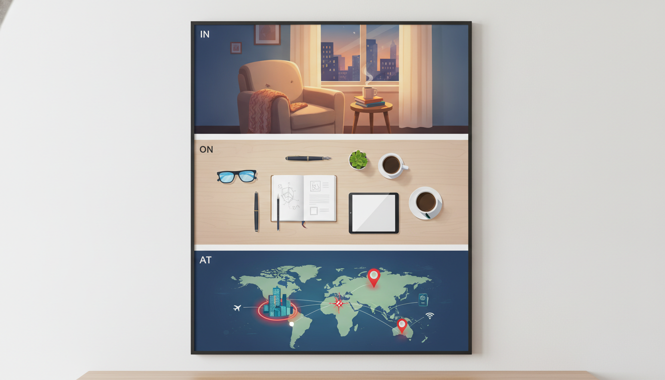 A creative illustration split in three sections: a cozy room (In), a flat table surface (On), and a specific pinpoint on a map (At), modern flat vector style.