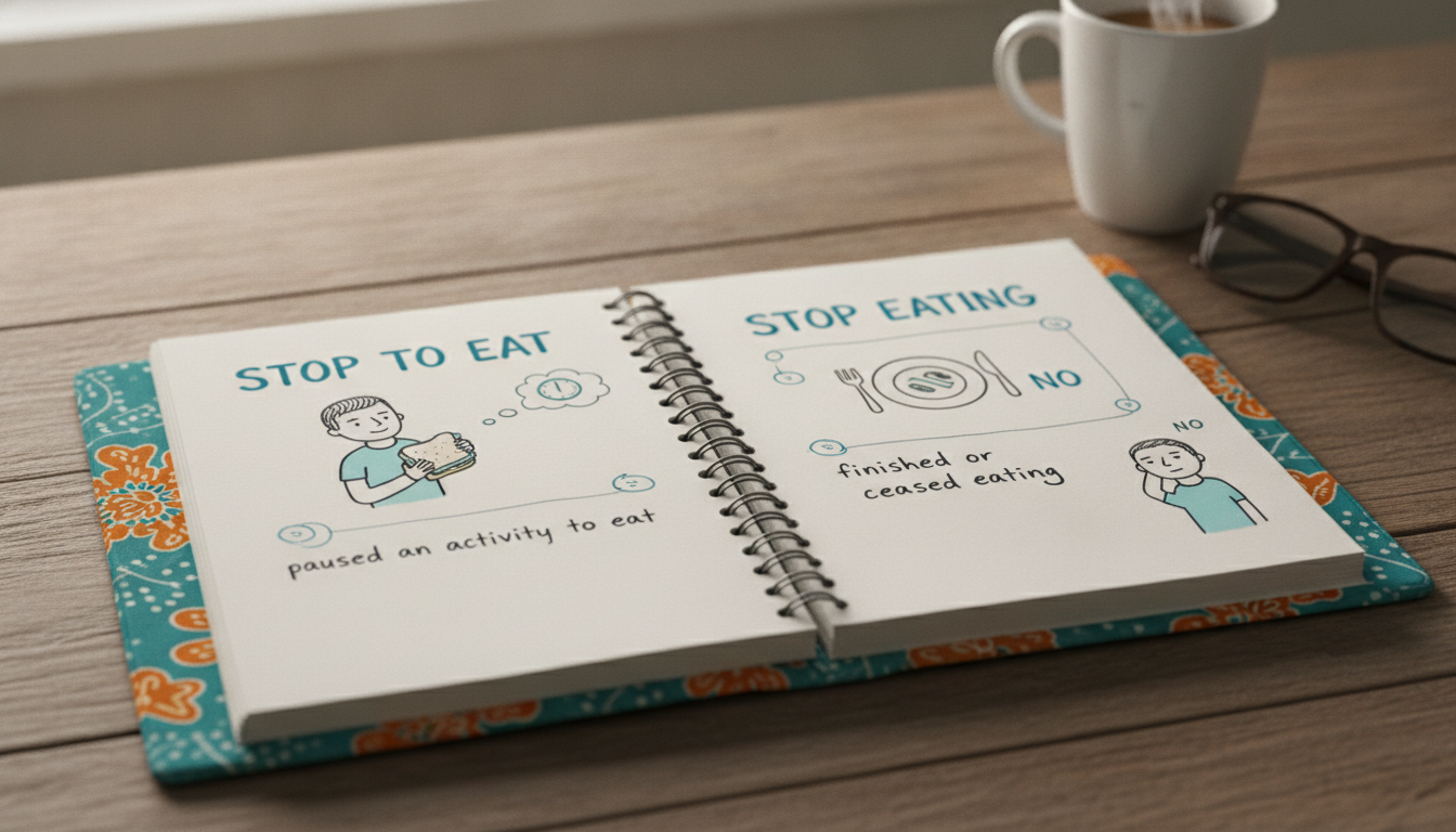 A close-up of a colorful notebook on a wooden table, with handwritten notes in English showing examples of verbs like 'Stop to eat' and 'Stop eating' with small hand-drawn illustrations explaining the difference, cozy study vibe.