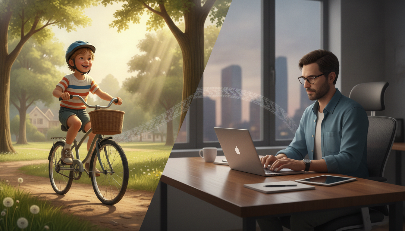 A split illustration showing a person in the past riding a bicycle as a child, and the same person in the present working on a laptop, depicting the concept of past habits.