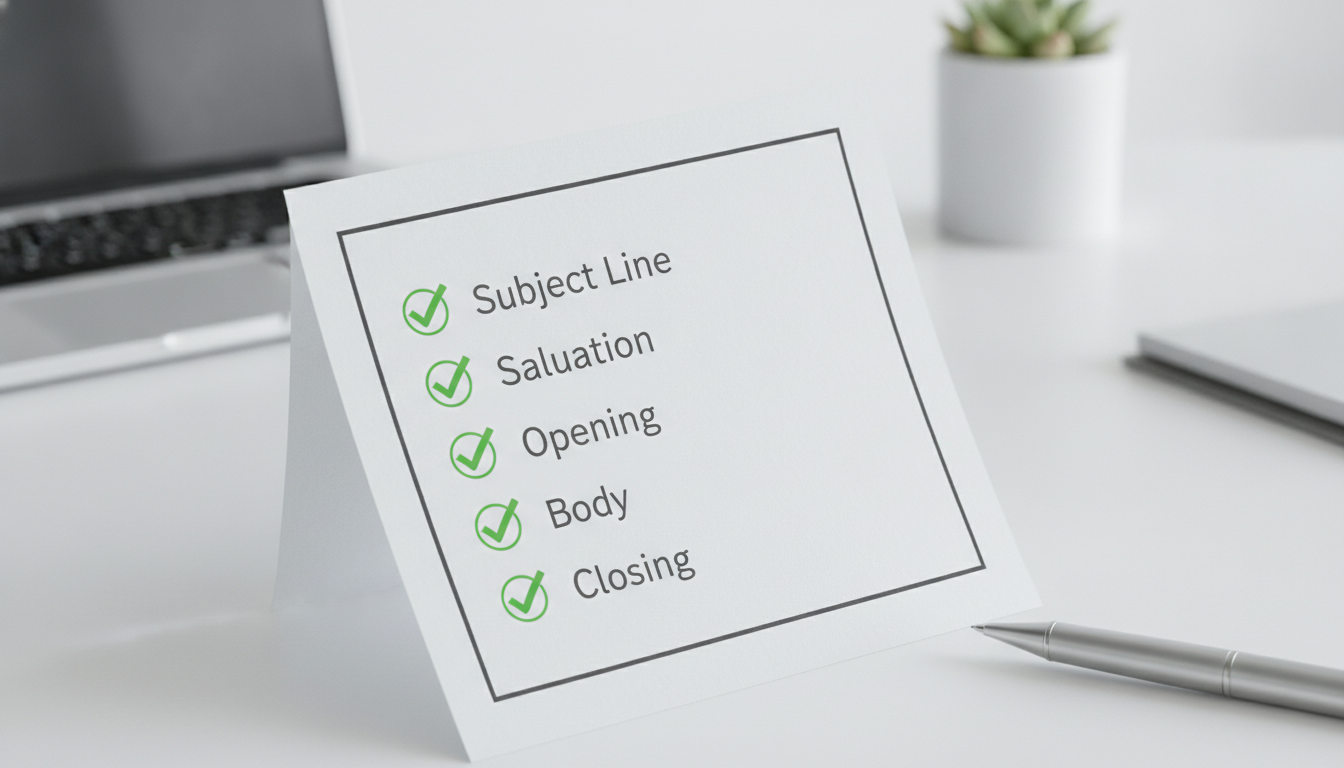 A checklist graphic with the words 'Subject Line', 'Salutation', 'Opening', 'Body', 'Closing' written next to checkmarks, in clean and minimalist corporate design