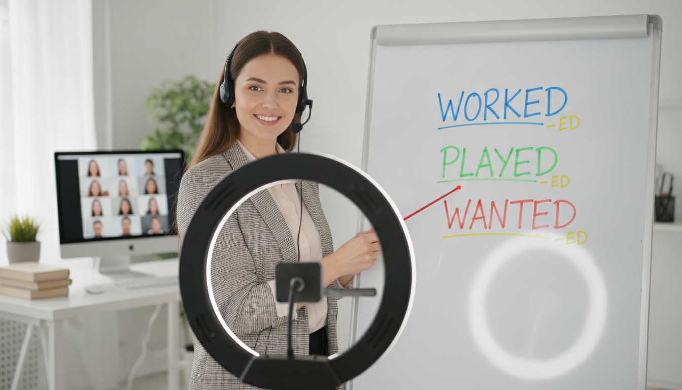 A teacher pointing at a whiteboard with the words 'Worked', 'Played', and 'Wanted' written on it, highlighting the phonetic endings, online class environment, bright and inspiring, 4k