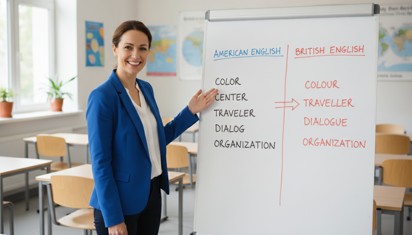 A friendly English teacher pointing at a whiteboard that compares American English and British English spelling, like 'Color' vs 'Colour' and 'Center' vs 'Centre', bright and inviting classroom setting.