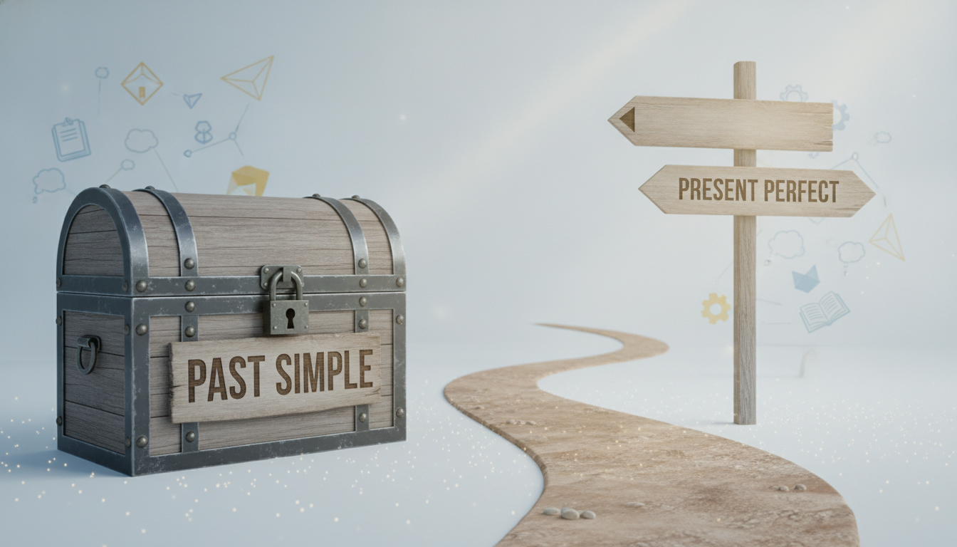 A wooden treasure chest labeled 'Past Simple' with a padlock next to an open path with a signpost that says 'Present Perfect', minimalist conceptual education background.