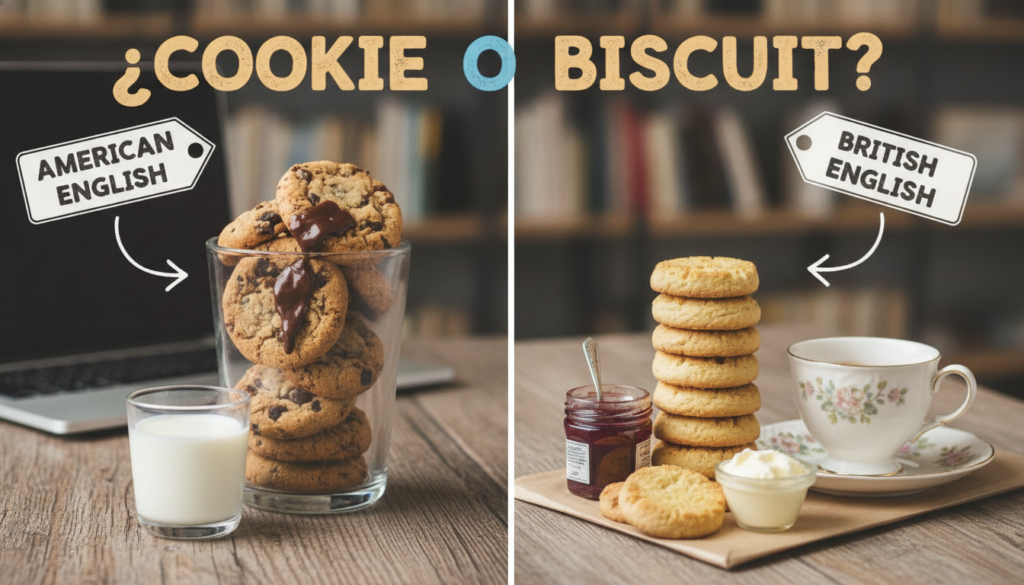 Create a stunning, professional hero image for a blog post titled "¿Cookie o Biscuit? Diferencias entre inglés americano y británico que debes conocer". Context: Somos Zero to TENglish, una academia de inglés online para hispanohablantes. Ofrecemos cursos estructurados por niveles CEFR: A1 (Zero to Beginner), A2 (Beginner to Explorer), B1 (Explorer to Speaker), B2 (Speaker to Pro), C1 (Pro to Fluent), y un programa especial para niños llamado Tiny Talkers. También ofrecemos un examen diagnóstico gratuito. TEMÁTICAS DEL BLOG (variar entre todas): - Tips y técnicas para aprender inglés más rápido - Gramática explicada de forma simple y práctica (tiempos verbales, preposiciones, condicionales, etc.) - Vocabulario temático (negocios, viajes, tecnología, medicina, vida diaria) - Phrasal verbs y expresiones idiomáticas con ejemplos reales - Errores comunes que cometen los hispanohablantes en inglés - Diferencias entre inglés americano y británico - Pronunciación y fonética (sonidos difíciles para hispanohablantes) - Preparación para exámenes (TOEFL, IELTS, Cambridge) - Inglés para situaciones específicas (entrevistas de trabajo, presentaciones, viajes) - Cultura anglosajona (costumbres, festividades, modismos culturales) - Recursos y herramientas para practicar inglés por tu cuenta - Historias de éxito y motivación para estudiantes - Comparativas español-inglés (false friends, cognados, estructuras diferentes) - Listening y comprensión auditiva (series, podcasts, música recomendada) - Business English y vocabulario profesional TONO Y ESTILO: - Amigable, cercano y motivador, como un profesor cool que te explica con ejemplos prácticos - Siempre incluir ejemplos en inglés con su traducción al español entre paréntesis - Usar analogías con situaciones cotidianas para explicar conceptos - Incluir mini-ejercicios o desafíos al final cuando sea posible - Cada artículo debe hacer que el lector sienta que aprendió algo útil de inmediato PÚBLICO OBJETIVO: - Adultos hispanohablantes de 18-45 años que quieren aprender o mejorar su inglés - Desde principiantes absolutos hasta niveles intermedios-avanzados - Personas que buscan mejorar su inglés por trabajo, viajes o desarrollo personal SEO: - Enfocar cada artículo en una keyword principal relacionada con aprender inglés - Usar preguntas que la gente buscaría en Google como parte de los títulos y headings - Incluir keywords long-tail naturalmente en el contenido CATEGORÍAS DISPONIBLES (usar de 1 a 2 por artículo): - Gramática - Vocabulario - Pronunciación - Tips de Aprendizaje - Business English - Cultura - Expresiones y Modismos - Exámenes - Recursos. The image should be eye-catching, modern, and relevant to the topic. Use vibrant colors and professional composition. Photorealistic style.