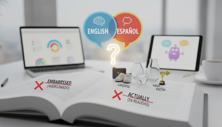 Create a stunning, professional hero image for a blog post titled "Falsos Amigos en Inglés: Evita estos 10 Errores Comunes que te Delatan". Context: Somos Zero to TENglish, una academia de inglés online para hispanohablantes. Ofrecemos cursos estructurados por niveles CEFR: A1 (Zero to Beginner), A2 (Beginner to Explorer), B1 (Explorer to Speaker), B2 (Speaker to Pro), C1 (Pro to Fluent), y un programa especial para niños llamado Tiny Talkers. También ofrecemos un examen diagnóstico gratuito. TEMÁTICAS DEL BLOG (variar entre todas): - Tips y técnicas para aprender inglés más rápido - Gramática explicada de forma simple y práctica (tiempos verbales, preposiciones, condicionales, etc.) - Vocabulario temático (negocios, viajes, tecnología, medicina, vida diaria) - Phrasal verbs y expresiones idiomáticas con ejemplos reales - Errores comunes que cometen los hispanohablantes en inglés - Diferencias entre inglés americano y británico - Pronunciación y fonética (sonidos difíciles para hispanohablantes) - Preparación para exámenes (TOEFL, IELTS, Cambridge) - Inglés para situaciones específicas (entrevistas de trabajo, presentaciones, viajes) - Cultura anglosajona (costumbres, festividades, modismos culturales) - Recursos y herramientas para practicar inglés por tu cuenta - Historias de éxito y motivación para estudiantes - Comparativas español-inglés (false friends, cognados, estructuras diferentes) - Listening y comprensión auditiva (series, podcasts, música recomendada) - Business English y vocabulario profesional TONO Y ESTILO: - Amigable, cercano y motivador, como un profesor cool que te explica con ejemplos prácticos - Siempre incluir ejemplos en inglés con su traducción al español entre paréntesis - Usar analogías con situaciones cotidianas para explicar conceptos - Incluir mini-ejercicios o desafíos al final cuando sea posible - Cada artículo debe hacer que el lector sienta que aprendió algo útil de inmediato PÚBLICO OBJETIVO: - Adultos hispanohablantes de 18-45 años que quieren aprender o mejorar su inglés - Desde principiantes absolutos hasta niveles intermedios-avanzados - Personas que buscan mejorar su inglés por trabajo, viajes o desarrollo personal SEO: - Enfocar cada artículo en una keyword principal relacionada con aprender inglés - Usar preguntas que la gente buscaría en Google como parte de los títulos y headings - Incluir keywords long-tail naturalmente en el contenido CATEGORÍAS DISPONIBLES (usar de 1 a 2 por artículo): - Gramática - Vocabulario - Pronunciación - Tips de Aprendizaje - Business English - Cultura - Expresiones y Modismos - Exámenes - Recursos. The image should be eye-catching, modern, and relevant to the topic. Use vibrant colors and professional composition. Photorealistic style.