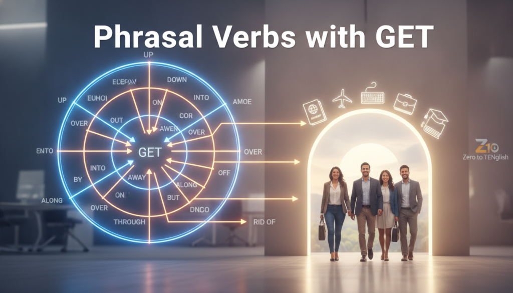 Create a stunning, professional hero image for a blog post titled "Guía definitiva de Phrasal Verbs con GET: Cómo dominarlos sin morir en el intento". Context: Somos Zero to TENglish, una academia de inglés online para hispanohablantes. Ofrecemos cursos estructurados por niveles CEFR: A1 (Zero to Beginner), A2 (Beginner to Explorer), B1 (Explorer to Speaker), B2 (Speaker to Pro), C1 (Pro to Fluent), y un programa especial para niños llamado Tiny Talkers. También ofrecemos un examen diagnóstico gratuito. TEMÁTICAS DEL BLOG (variar entre todas): - Tips y técnicas para aprender inglés más rápido - Gramática explicada de forma simple y práctica (tiempos verbales, preposiciones, condicionales, etc.) - Vocabulario temático (negocios, viajes, tecnología, medicina, vida diaria) - Phrasal verbs y expresiones idiomáticas con ejemplos reales - Errores comunes que cometen los hispanohablantes en inglés - Diferencias entre inglés americano y británico - Pronunciación y fonética (sonidos difíciles para hispanohablantes) - Preparación para exámenes (TOEFL, IELTS, Cambridge) - Inglés para situaciones específicas (entrevistas de trabajo, presentaciones, viajes) - Cultura anglosajona (costumbres, festividades, modismos culturales) - Recursos y herramientas para practicar inglés por tu cuenta - Historias de éxito y motivación para estudiantes - Comparativas español-inglés (false friends, cognados, estructuras diferentes) - Listening y comprensión auditiva (series, podcasts, música recomendada) - Business English y vocabulario profesional TONO Y ESTILO: - Amigable, cercano y motivador, como un profesor cool que te explica con ejemplos prácticos - Siempre incluir ejemplos en inglés con su traducción al español entre paréntesis - Usar analogías con situaciones cotidianas para explicar conceptos - Incluir mini-ejercicios o desafíos al final cuando sea posible - Cada artículo debe hacer que el lector sienta que aprendió algo útil de inmediato PÚBLICO OBJETIVO: - Adultos hispanohablantes de 18-45 años que quieren aprender o mejorar su inglés - Desde principiantes absolutos hasta niveles intermedios-avanzados - Personas que buscan mejorar su inglés por trabajo, viajes o desarrollo personal SEO: - Enfocar cada artículo en una keyword principal relacionada con aprender inglés - Usar preguntas que la gente buscaría en Google como parte de los títulos y headings - Incluir keywords long-tail naturalmente en el contenido CATEGORÍAS DISPONIBLES (usar de 1 a 2 por artículo): - Gramática - Vocabulario - Pronunciación - Tips de Aprendizaje - Business English - Cultura - Expresiones y Modismos - Exámenes - Recursos. The image should be eye-catching, modern, and relevant to the topic. Use vibrant colors and professional composition. Photorealistic style.