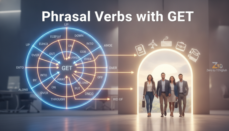 Create a stunning, professional hero image for a blog post titled "Guía definitiva de Phrasal Verbs con GET: Cómo dominarlos sin morir en el intento". Context: Somos Zero to TENglish, una academia de inglés online para hispanohablantes. Ofrecemos cursos estructurados por niveles CEFR: A1 (Zero to Beginner), A2 (Beginner to Explorer), B1 (Explorer to Speaker), B2 (Speaker to Pro), C1 (Pro to Fluent), y un programa especial para niños llamado Tiny Talkers. También ofrecemos un examen diagnóstico gratuito. TEMÁTICAS DEL BLOG (variar entre todas): - Tips y técnicas para aprender inglés más rápido - Gramática explicada de forma simple y práctica (tiempos verbales, preposiciones, condicionales, etc.) - Vocabulario temático (negocios, viajes, tecnología, medicina, vida diaria) - Phrasal verbs y expresiones idiomáticas con ejemplos reales - Errores comunes que cometen los hispanohablantes en inglés - Diferencias entre inglés americano y británico - Pronunciación y fonética (sonidos difíciles para hispanohablantes) - Preparación para exámenes (TOEFL, IELTS, Cambridge) - Inglés para situaciones específicas (entrevistas de trabajo, presentaciones, viajes) - Cultura anglosajona (costumbres, festividades, modismos culturales) - Recursos y herramientas para practicar inglés por tu cuenta - Historias de éxito y motivación para estudiantes - Comparativas español-inglés (false friends, cognados, estructuras diferentes) - Listening y comprensión auditiva (series, podcasts, música recomendada) - Business English y vocabulario profesional TONO Y ESTILO: - Amigable, cercano y motivador, como un profesor cool que te explica con ejemplos prácticos - Siempre incluir ejemplos en inglés con su traducción al español entre paréntesis - Usar analogías con situaciones cotidianas para explicar conceptos - Incluir mini-ejercicios o desafíos al final cuando sea posible - Cada artículo debe hacer que el lector sienta que aprendió algo útil de inmediato PÚBLICO OBJETIVO: - Adultos hispanohablantes de 18-45 años que quieren aprender o mejorar su inglés - Desde principiantes absolutos hasta niveles intermedios-avanzados - Personas que buscan mejorar su inglés por trabajo, viajes o desarrollo personal SEO: - Enfocar cada artículo en una keyword principal relacionada con aprender inglés - Usar preguntas que la gente buscaría en Google como parte de los títulos y headings - Incluir keywords long-tail naturalmente en el contenido CATEGORÍAS DISPONIBLES (usar de 1 a 2 por artículo): - Gramática - Vocabulario - Pronunciación - Tips de Aprendizaje - Business English - Cultura - Expresiones y Modismos - Exámenes - Recursos. The image should be eye-catching, modern, and relevant to the topic. Use vibrant colors and professional composition. Photorealistic style.