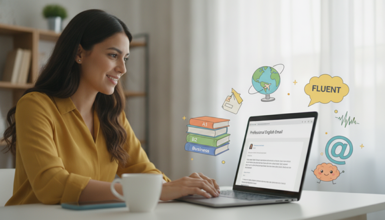 Create a stunning, professional hero image for a blog post titled "Guía Práctica: Cómo Escribir Correos Profesionales en Inglés sin Morir de Nervios". Context: Somos Zero to TENglish, una academia de inglés online para hispanohablantes. Ofrecemos cursos estructurados por niveles CEFR: A1 (Zero to Beginner), A2 (Beginner to Explorer), B1 (Explorer to Speaker), B2 (Speaker to Pro), C1 (Pro to Fluent), y un programa especial para niños llamado Tiny Talkers. También ofrecemos un examen diagnóstico gratuito. TEMÁTICAS DEL BLOG (variar entre todas): - Tips y técnicas para aprender inglés más rápido - Gramática explicada de forma simple y práctica (tiempos verbales, preposiciones, condicionales, etc.) - Vocabulario temático (negocios, viajes, tecnología, medicina, vida diaria) - Phrasal verbs y expresiones idiomáticas con ejemplos reales - Errores comunes que cometen los hispanohablantes en inglés - Diferencias entre inglés americano y británico - Pronunciación y fonética (sonidos difíciles para hispanohablantes) - Preparación para exámenes (TOEFL, IELTS, Cambridge) - Inglés para situaciones específicas (entrevistas de trabajo, presentaciones, viajes) - Cultura anglosajona (costumbres, festividades, modismos culturales) - Recursos y herramientas para practicar inglés por tu cuenta - Historias de éxito y motivación para estudiantes - Comparativas español-inglés (false friends, cognados, estructuras diferentes) - Listening y comprensión auditiva (series, podcasts, música recomendada) - Business English y vocabulario profesional TONO Y ESTILO: - Amigable, cercano y motivador, como un profesor cool que te explica con ejemplos prácticos - Siempre incluir ejemplos en inglés con su traducción al español entre paréntesis - Usar analogías con situaciones cotidianas para explicar conceptos - Incluir mini-ejercicios o desafíos al final cuando sea posible - Cada artículo debe hacer que el lector sienta que aprendió algo útil de inmediato PÚBLICO OBJETIVO: - Adultos hispanohablantes de 18-45 años que quieren aprender o mejorar su inglés - Desde principiantes absolutos hasta niveles intermedios-avanzados - Personas que buscan mejorar su inglés por trabajo, viajes o desarrollo personal SEO: - Enfocar cada artículo en una keyword principal relacionada con aprender inglés - Usar preguntas que la gente buscaría en Google como parte de los títulos y headings - Incluir keywords long-tail naturalmente en el contenido CATEGORÍAS DISPONIBLES (usar de 1 a 2 por artículo): - Gramática - Vocabulario - Pronunciación - Tips de Aprendizaje - Business English - Cultura - Expresiones y Modismos - Exámenes - Recursos. The image should be eye-catching, modern, and relevant to the topic. Use vibrant colors and professional composition. Photorealistic style.