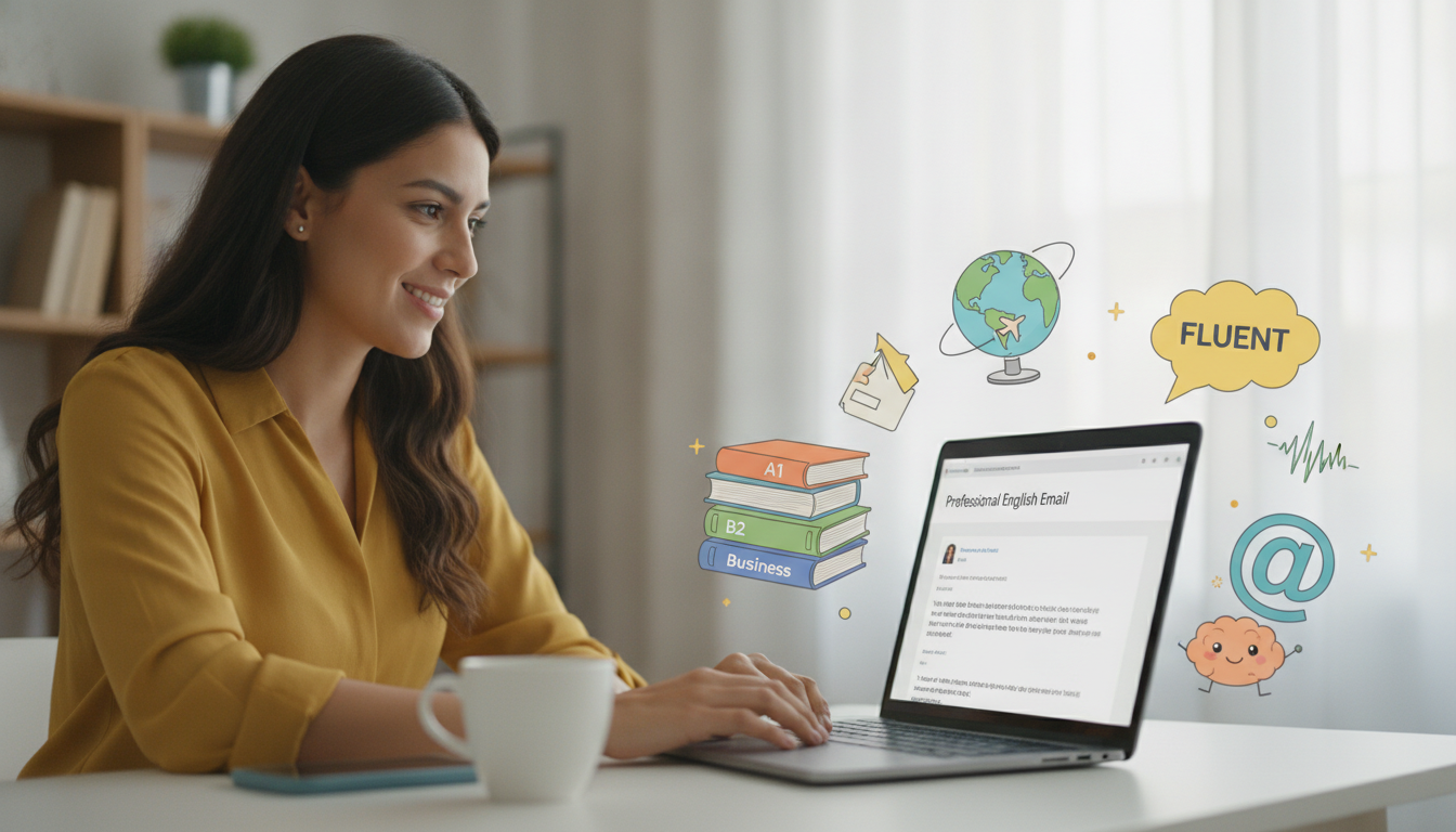 Create a stunning, professional hero image for a blog post titled "Guía Práctica: Cómo Escribir Correos Profesionales en Inglés sin Morir de Nervios". Context: Somos Zero to TENglish, una academia de inglés online para hispanohablantes. Ofrecemos cursos estructurados por niveles CEFR: A1 (Zero to Beginner), A2 (Beginner to Explorer), B1 (Explorer to Speaker), B2 (Speaker to Pro), C1 (Pro to Fluent), y un programa especial para niños llamado Tiny Talkers. También ofrecemos un examen diagnóstico gratuito. TEMÁTICAS DEL BLOG (variar entre todas): - Tips y técnicas para aprender inglés más rápido - Gramática explicada de forma simple y práctica (tiempos verbales, preposiciones, condicionales, etc.) - Vocabulario temático (negocios, viajes, tecnología, medicina, vida diaria) - Phrasal verbs y expresiones idiomáticas con ejemplos reales - Errores comunes que cometen los hispanohablantes en inglés - Diferencias entre inglés americano y británico - Pronunciación y fonética (sonidos difíciles para hispanohablantes) - Preparación para exámenes (TOEFL, IELTS, Cambridge) - Inglés para situaciones específicas (entrevistas de trabajo, presentaciones, viajes) - Cultura anglosajona (costumbres, festividades, modismos culturales) - Recursos y herramientas para practicar inglés por tu cuenta - Historias de éxito y motivación para estudiantes - Comparativas español-inglés (false friends, cognados, estructuras diferentes) - Listening y comprensión auditiva (series, podcasts, música recomendada) - Business English y vocabulario profesional TONO Y ESTILO: - Amigable, cercano y motivador, como un profesor cool que te explica con ejemplos prácticos - Siempre incluir ejemplos en inglés con su traducción al español entre paréntesis - Usar analogías con situaciones cotidianas para explicar conceptos - Incluir mini-ejercicios o desafíos al final cuando sea posible - Cada artículo debe hacer que el lector sienta que aprendió algo útil de inmediato PÚBLICO OBJETIVO: - Adultos hispanohablantes de 18-45 años que quieren aprender o mejorar su inglés - Desde principiantes absolutos hasta niveles intermedios-avanzados - Personas que buscan mejorar su inglés por trabajo, viajes o desarrollo personal SEO: - Enfocar cada artículo en una keyword principal relacionada con aprender inglés - Usar preguntas que la gente buscaría en Google como parte de los títulos y headings - Incluir keywords long-tail naturalmente en el contenido CATEGORÍAS DISPONIBLES (usar de 1 a 2 por artículo): - Gramática - Vocabulario - Pronunciación - Tips de Aprendizaje - Business English - Cultura - Expresiones y Modismos - Exámenes - Recursos. The image should be eye-catching, modern, and relevant to the topic. Use vibrant colors and professional composition. Photorealistic style.