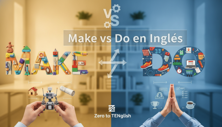 Create a stunning, professional hero image for a blog post titled "Make vs Do en Inglés: La Guía Definitiva para No Volver a Confundirlos". Context: Somos Zero to TENglish, una academia de inglés online para hispanohablantes. Ofrecemos cursos estructurados por niveles CEFR: A1 (Zero to Beginner), A2 (Beginner to Explorer), B1 (Explorer to Speaker), B2 (Speaker to Pro), C1 (Pro to Fluent), y un programa especial para niños llamado Tiny Talkers. También ofrecemos un examen diagnóstico gratuito. TEMÁTICAS DEL BLOG (variar entre todas): - Tips y técnicas para aprender inglés más rápido - Gramática explicada de forma simple y práctica (tiempos verbales, preposiciones, condicionales, etc.) - Vocabulario temático (negocios, viajes, tecnología, medicina, vida diaria) - Phrasal verbs y expresiones idiomáticas con ejemplos reales - Errores comunes que cometen los hispanohablantes en inglés - Diferencias entre inglés americano y británico - Pronunciación y fonética (sonidos difíciles para hispanohablantes) - Preparación para exámenes (TOEFL, IELTS, Cambridge) - Inglés para situaciones específicas (entrevistas de trabajo, presentaciones, viajes) - Cultura anglosajona (costumbres, festividades, modismos culturales) - Recursos y herramientas para practicar inglés por tu cuenta - Historias de éxito y motivación para estudiantes - Comparativas español-inglés (false friends, cognados, estructuras diferentes) - Listening y comprensión auditiva (series, podcasts, música recomendada) - Business English y vocabulario profesional TONO Y ESTILO: - Amigable, cercano y motivador, como un profesor cool que te explica con ejemplos prácticos - Siempre incluir ejemplos en inglés con su traducción al español entre paréntesis - Usar analogías con situaciones cotidianas para explicar conceptos - Incluir mini-ejercicios o desafíos al final cuando sea posible - Cada artículo debe hacer que el lector sienta que aprendió algo útil de inmediato PÚBLICO OBJETIVO: - Adultos hispanohablantes de 18-45 años que quieren aprender o mejorar su inglés - Desde principiantes absolutos hasta niveles intermedios-avanzados - Personas que buscan mejorar su inglés por trabajo, viajes o desarrollo personal SEO: - Enfocar cada artículo en una keyword principal relacionada con aprender inglés - Usar preguntas que la gente buscaría en Google como parte de los títulos y headings - Incluir keywords long-tail naturalmente en el contenido CATEGORÍAS DISPONIBLES (usar de 1 a 2 por artículo): - Gramática - Vocabulario - Pronunciación - Tips de Aprendizaje - Business English - Cultura - Expresiones y Modismos - Exámenes - Recursos. The image should be eye-catching, modern, and relevant to the topic. Use vibrant colors and professional composition. Photorealistic style.