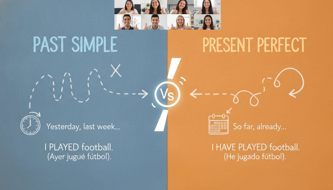 Create a stunning, professional hero image for a blog post titled "Present Perfect vs. Past Simple: Guía práctica para no volver a confundirlos". Context: Somos Zero to TENglish, una academia de inglés online para hispanohablantes. Ofrecemos cursos estructurados por niveles CEFR: A1 (Zero to Beginner), A2 (Beginner to Explorer), B1 (Explorer to Speaker), B2 (Speaker to Pro), C1 (Pro to Fluent), y un programa especial para niños llamado Tiny Talkers. También ofrecemos un examen diagnóstico gratuito. TEMÁTICAS DEL BLOG (variar entre todas): - Tips y técnicas para aprender inglés más rápido - Gramática explicada de forma simple y práctica (tiempos verbales, preposiciones, condicionales, etc.) - Vocabulario temático (negocios, viajes, tecnología, medicina, vida diaria) - Phrasal verbs y expresiones idiomáticas con ejemplos reales - Errores comunes que cometen los hispanohablantes en inglés - Diferencias entre inglés americano y británico - Pronunciación y fonética (sonidos difíciles para hispanohablantes) - Preparación para exámenes (TOEFL, IELTS, Cambridge) - Inglés para situaciones específicas (entrevistas de trabajo, presentaciones, viajes) - Cultura anglosajona (costumbres, festividades, modismos culturales) - Recursos y herramientas para practicar inglés por tu cuenta - Historias de éxito y motivación para estudiantes - Comparativas español-inglés (false friends, cognados, estructuras diferentes) - Listening y comprensión auditiva (series, podcasts, música recomendada) - Business English y vocabulario profesional TONO Y ESTILO: - Amigable, cercano y motivador, como un profesor cool que te explica con ejemplos prácticos - Siempre incluir ejemplos en inglés con su traducción al español entre paréntesis - Usar analogías con situaciones cotidianas para explicar conceptos - Incluir mini-ejercicios o desafíos al final cuando sea posible - Cada artículo debe hacer que el lector sienta que aprendió algo útil de inmediato PÚBLICO OBJETIVO: - Adultos hispanohablantes de 18-45 años que quieren aprender o mejorar su inglés - Desde principiantes absolutos hasta niveles intermedios-avanzados - Personas que buscan mejorar su inglés por trabajo, viajes o desarrollo personal SEO: - Enfocar cada artículo en una keyword principal relacionada con aprender inglés - Usar preguntas que la gente buscaría en Google como parte de los títulos y headings - Incluir keywords long-tail naturalmente en el contenido CATEGORÍAS DISPONIBLES (usar de 1 a 2 por artículo): - Gramática - Vocabulario - Pronunciación - Tips de Aprendizaje - Business English - Cultura - Expresiones y Modismos - Exámenes - Recursos. The image should be eye-catching, modern, and relevant to the topic. Use vibrant colors and professional composition. Photorealistic style.