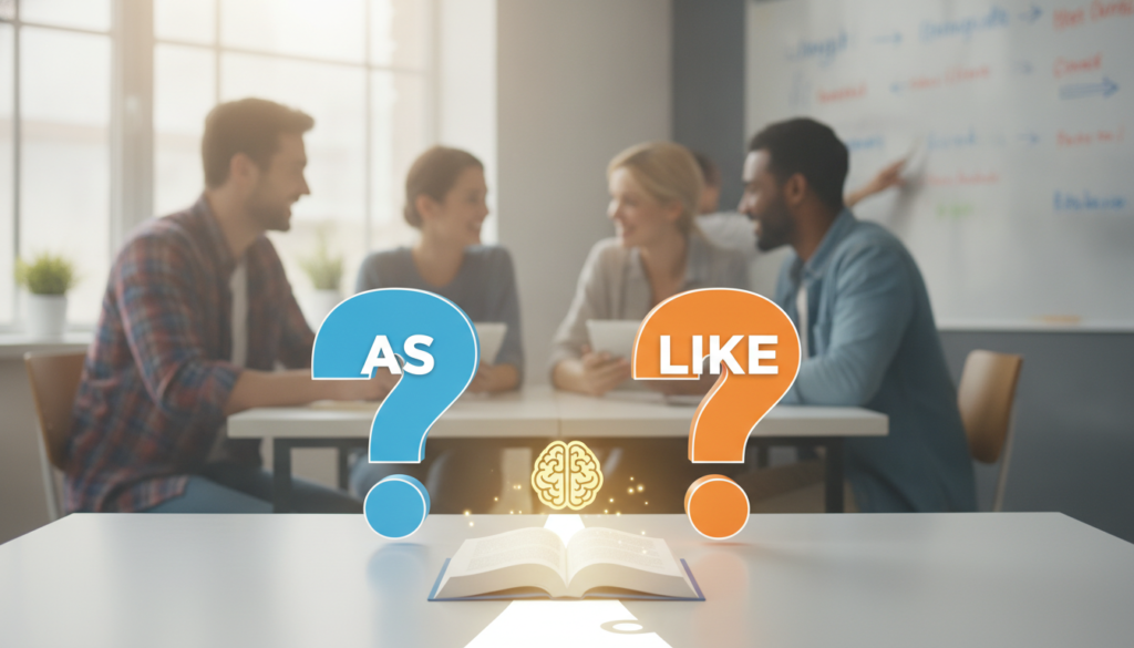 Create a stunning, professional hero image for a blog post titled "¿As o Like? Cómo usar "como" en inglés sin equivocarte nunca más". Context: Somos Zero to TENglish, una academia de inglés online para hispanohablantes. Ofrecemos cursos estructurados por niveles CEFR: A1 (Zero to Beginner), A2 (Beginner to Explorer), B1 (Explorer to Speaker), B2 (Speaker to Pro), C1 (Pro to Fluent), y un programa especial para niños llamado Tiny Talkers. También ofrecemos un examen diagnóstico gratuito. TEMÁTICAS DEL BLOG (variar entre todas): - Tips y técnicas para aprender inglés más rápido - Gramática explicada de forma simple y práctica (tiempos verbales, preposiciones, condicionales, etc.) - Vocabulario temático (negocios, viajes, tecnología, medicina, vida diaria) - Phrasal verbs y expresiones idiomáticas con ejemplos reales - Errores comunes que cometen los hispanohablantes en inglés - Diferencias entre inglés americano y británico - Pronunciación y fonética (sonidos difíciles para hispanohablantes) - Preparación para exámenes (TOEFL, IELTS, Cambridge) - Inglés para situaciones específicas (entrevistas de trabajo, presentaciones, viajes) - Cultura anglosajona (costumbres, festividades, modismos culturales) - Recursos y herramientas para practicar inglés por tu cuenta - Historias de éxito y motivación para estudiantes - Comparativas español-inglés (false friends, cognados, estructuras diferentes) - Listening y comprensión auditiva (series, podcasts, música recomendada) - Business English y vocabulario profesional TONO Y ESTILO: - Amigable, cercano y motivador, como un profesor cool que te explica con ejemplos prácticos - Siempre incluir ejemplos en inglés con su traducción al español entre paréntesis - Usar analogías con situaciones cotidianas para explicar conceptos - Incluir mini-ejercicios o desafíos al final cuando sea posible - Cada artículo debe hacer que el lector sienta que aprendió algo útil de inmediato PÚBLICO OBJETIVO: - Adultos hispanohablantes de 18-45 años que quieren aprender o mejorar su inglés - Desde principiantes absolutos hasta niveles intermedios-avanzados - Personas que buscan mejorar su inglés por trabajo, viajes o desarrollo personal SEO: - Enfocar cada artículo en una keyword principal relacionada con aprender inglés - Usar preguntas que la gente buscaría en Google como parte de los títulos y headings - Incluir keywords long-tail naturalmente en el contenido CATEGORÍAS DISPONIBLES (usar de 1 a 2 por artículo): - Gramática - Vocabulario - Pronunciación - Tips de Aprendizaje - Business English - Cultura - Expresiones y Modismos - Exámenes - Recursos. The image should be eye-catching, modern, and relevant to the topic. Use vibrant colors and professional composition. Photorealistic style.