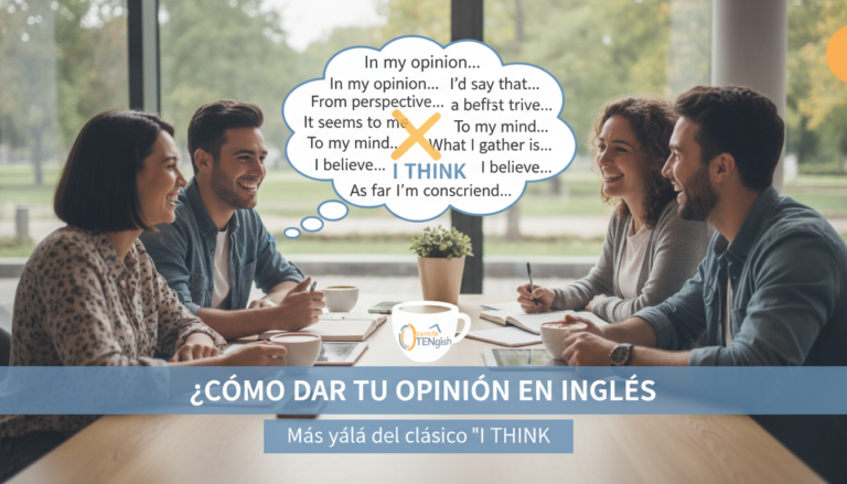 Create a stunning, professional hero image for a blog post titled "¿Cómo dar tu opinión en inglés? Más allá del clásico 'I think'". Context: Somos Zero to TENglish, una academia de inglés online para hispanohablantes. Ofrecemos cursos estructurados por niveles CEFR: A1 (Zero to Beginner), A2 (Beginner to Explorer), B1 (Explorer to Speaker), B2 (Speaker to Pro), C1 (Pro to Fluent), y un programa especial para niños llamado Tiny Talkers. También ofrecemos un examen diagnóstico gratuito. TEMÁTICAS DEL BLOG (variar entre todas): - Tips y técnicas para aprender inglés más rápido - Gramática explicada de forma simple y práctica (tiempos verbales, preposiciones, condicionales, etc.) - Vocabulario temático (negocios, viajes, tecnología, medicina, vida diaria) - Phrasal verbs y expresiones idiomáticas con ejemplos reales - Errores comunes que cometen los hispanohablantes en inglés - Diferencias entre inglés americano y británico - Pronunciación y fonética (sonidos difíciles para hispanohablantes) - Preparación para exámenes (TOEFL, IELTS, Cambridge) - Inglés para situaciones específicas (entrevistas de trabajo, presentaciones, viajes) - Cultura anglosajona (costumbres, festividades, modismos culturales) - Recursos y herramientas para practicar inglés por tu cuenta - Historias de éxito y motivación para estudiantes - Comparativas español-inglés (false friends, cognados, estructuras diferentes) - Listening y comprensión auditiva (series, podcasts, música recomendada) - Business English y vocabulario profesional TONO Y ESTILO: - Amigable, cercano y motivador, como un profesor cool que te explica con ejemplos prácticos - Siempre incluir ejemplos en inglés con su traducción al español entre paréntesis - Usar analogías con situaciones cotidianas para explicar conceptos - Incluir mini-ejercicios o desafíos al final cuando sea posible - Cada artículo debe hacer que el lector sienta que aprendió algo útil de inmediato PÚBLICO OBJETIVO: - Adultos hispanohablantes de 18-45 años que quieren aprender o mejorar su inglés - Desde principiantes absolutos hasta niveles intermedios-avanzados - Personas que buscan mejorar su inglés por trabajo, viajes o desarrollo personal SEO: - Enfocar cada artículo en una keyword principal relacionada con aprender inglés - Usar preguntas que la gente buscaría en Google como parte de los títulos y headings - Incluir keywords long-tail naturalmente en el contenido CATEGORÍAS DISPONIBLES (usar de 1 a 2 por artículo): - Gramática - Vocabulario - Pronunciación - Tips de Aprendizaje - Business English - Cultura - Expresiones y Modismos - Exámenes - Recursos. The image should be eye-catching, modern, and relevant to the topic. Use vibrant colors and professional composition. Photorealistic style.