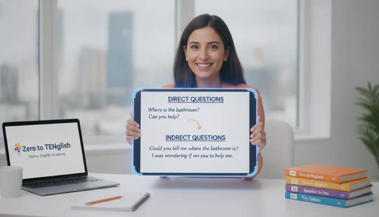 Create a stunning, professional hero image for a blog post titled "¿Cómo hacer preguntas indirectas en inglés para sonar más educado?". Context: Somos Zero to TENglish, una academia de inglés online para hispanohablantes. Ofrecemos cursos estructurados por niveles CEFR: A1 (Zero to Beginner), A2 (Beginner to Explorer), B1 (Explorer to Speaker), B2 (Speaker to Pro), C1 (Pro to Fluent), y un programa especial para niños llamado Tiny Talkers. También ofrecemos un examen diagnóstico gratuito. TEMÁTICAS DEL BLOG (variar entre todas): - Tips y técnicas para aprender inglés más rápido - Gramática explicada de forma simple y práctica (tiempos verbales, preposiciones, condicionales, etc.) - Vocabulario temático (negocios, viajes, tecnología, medicina, vida diaria) - Phrasal verbs y expresiones idiomáticas con ejemplos reales - Errores comunes que cometen los hispanohablantes en inglés - Diferencias entre inglés americano y británico - Pronunciación y fonética (sonidos difíciles para hispanohablantes) - Preparación para exámenes (TOEFL, IELTS, Cambridge) - Inglés para situaciones específicas (entrevistas de trabajo, presentaciones, viajes) - Cultura anglosajona (costumbres, festividades, modismos culturales) - Recursos y herramientas para practicar inglés por tu cuenta - Historias de éxito y motivación para estudiantes - Comparativas español-inglés (false friends, cognados, estructuras diferentes) - Listening y comprensión auditiva (series, podcasts, música recomendada) - Business English y vocabulario profesional TONO Y ESTILO: - Amigable, cercano y motivador, como un profesor cool que te explica con ejemplos prácticos - Siempre incluir ejemplos en inglés con su traducción al español entre paréntesis - Usar analogías con situaciones cotidianas para explicar conceptos - Incluir mini-ejercicios o desafíos al final cuando sea posible - Cada artículo debe hacer que el lector sienta que aprendió algo útil de inmediato PÚBLICO OBJETIVO: - Adultos hispanohablantes de 18-45 años que quieren aprender o mejorar su inglés - Desde principiantes absolutos hasta niveles intermedios-avanzados - Personas que buscan mejorar su inglés por trabajo, viajes o desarrollo personal SEO: - Enfocar cada artículo en una keyword principal relacionada con aprender inglés - Usar preguntas que la gente buscaría en Google como parte de los títulos y headings - Incluir keywords long-tail naturalmente en el contenido CATEGORÍAS DISPONIBLES (usar de 1 a 2 por artículo): - Gramática - Vocabulario - Pronunciación - Tips de Aprendizaje - Business English - Cultura - Expresiones y Modismos - Exámenes - Recursos. The image should be eye-catching, modern, and relevant to the topic. Use vibrant colors and professional composition. Photorealistic style.