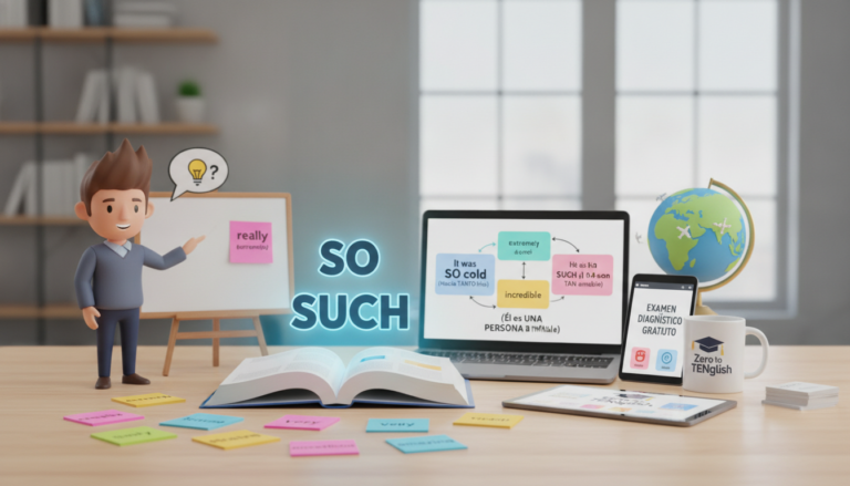 Create a stunning, professional hero image for a blog post titled "¿Cómo usar So y Such en inglés? Guía práctica para dar énfasis sin equivocarte". Context: Somos Zero to TENglish, una academia de inglés online para hispanohablantes. Ofrecemos cursos estructurados por niveles CEFR: A1 (Zero to Beginner), A2 (Beginner to Explorer), B1 (Explorer to Speaker), B2 (Speaker to Pro), C1 (Pro to Fluent), y un programa especial para niños llamado Tiny Talkers. También ofrecemos un examen diagnóstico gratuito. TEMÁTICAS DEL BLOG (variar entre todas): - Tips y técnicas para aprender inglés más rápido - Gramática explicada de forma simple y práctica (tiempos verbales, preposiciones, condicionales, etc.) - Vocabulario temático (negocios, viajes, tecnología, medicina, vida diaria) - Phrasal verbs y expresiones idiomáticas con ejemplos reales - Errores comunes que cometen los hispanohablantes en inglés - Diferencias entre inglés americano y británico - Pronunciación y fonética (sonidos difíciles para hispanohablantes) - Preparación para exámenes (TOEFL, IELTS, Cambridge) - Inglés para situaciones específicas (entrevistas de trabajo, presentaciones, viajes) - Cultura anglosajona (costumbres, festividades, modismos culturales) - Recursos y herramientas para practicar inglés por tu cuenta - Historias de éxito y motivación para estudiantes - Comparativas español-inglés (false friends, cognados, estructuras diferentes) - Listening y comprensión auditiva (series, podcasts, música recomendada) - Business English y vocabulario profesional TONO Y ESTILO: - Amigable, cercano y motivador, como un profesor cool que te explica con ejemplos prácticos - Siempre incluir ejemplos en inglés con su traducción al español entre paréntesis - Usar analogías con situaciones cotidianas para explicar conceptos - Incluir mini-ejercicios o desafíos al final cuando sea posible - Cada artículo debe hacer que el lector sienta que aprendió algo útil de inmediato PÚBLICO OBJETIVO: - Adultos hispanohablantes de 18-45 años que quieren aprender o mejorar su inglés - Desde principiantes absolutos hasta niveles intermedios-avanzados - Personas que buscan mejorar su inglés por trabajo, viajes o desarrollo personal SEO: - Enfocar cada artículo en una keyword principal relacionada con aprender inglés - Usar preguntas que la gente buscaría en Google como parte de los títulos y headings - Incluir keywords long-tail naturalmente en el contenido CATEGORÍAS DISPONIBLES (usar de 1 a 2 por artículo): - Gramática - Vocabulario - Pronunciación - Tips de Aprendizaje - Business English - Cultura - Expresiones y Modismos - Exámenes - Recursos. The image should be eye-catching, modern, and relevant to the topic. Use vibrant colors and professional composition. Photorealistic style.