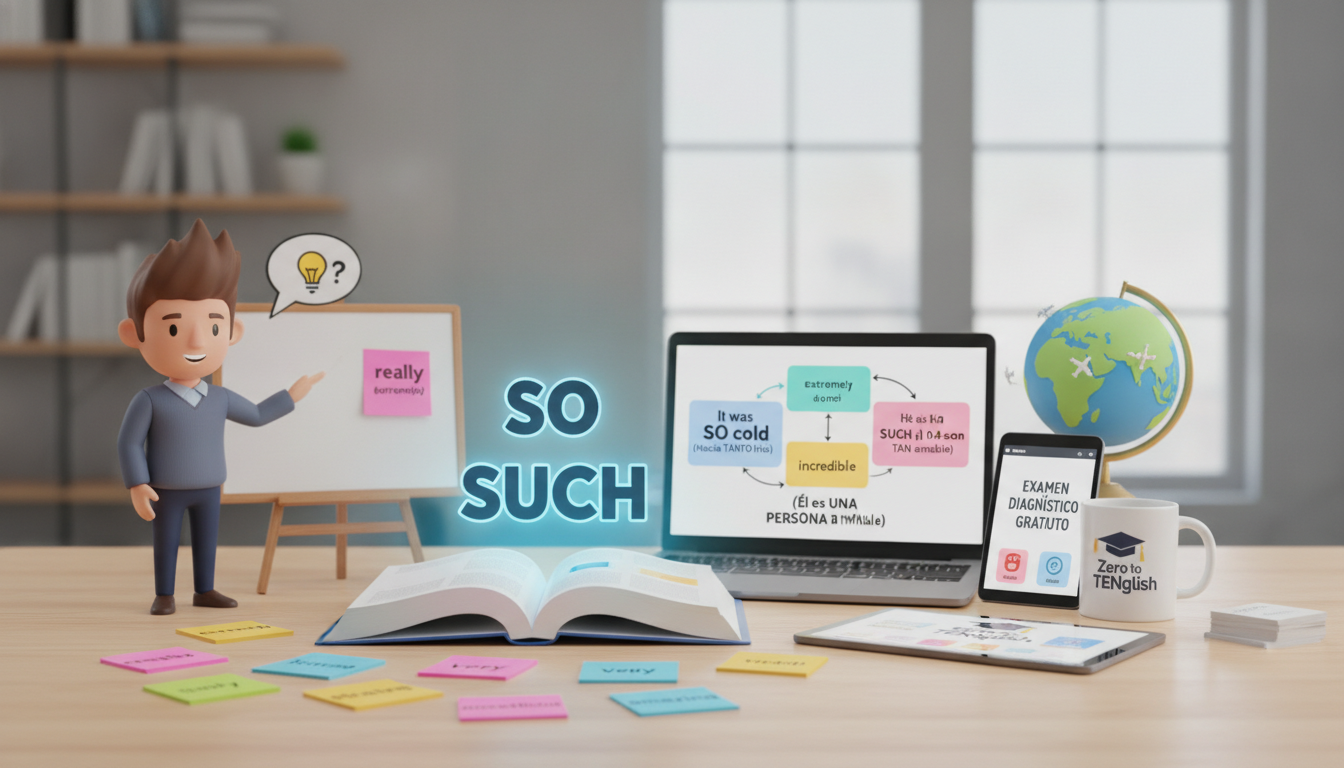 Create a stunning, professional hero image for a blog post titled "¿Cómo usar So y Such en inglés? Guía práctica para dar énfasis sin equivocarte". Context: Somos Zero to TENglish, una academia de inglés online para hispanohablantes. Ofrecemos cursos estructurados por niveles CEFR: A1 (Zero to Beginner), A2 (Beginner to Explorer), B1 (Explorer to Speaker), B2 (Speaker to Pro), C1 (Pro to Fluent), y un programa especial para niños llamado Tiny Talkers. También ofrecemos un examen diagnóstico gratuito. TEMÁTICAS DEL BLOG (variar entre todas): - Tips y técnicas para aprender inglés más rápido - Gramática explicada de forma simple y práctica (tiempos verbales, preposiciones, condicionales, etc.) - Vocabulario temático (negocios, viajes, tecnología, medicina, vida diaria) - Phrasal verbs y expresiones idiomáticas con ejemplos reales - Errores comunes que cometen los hispanohablantes en inglés - Diferencias entre inglés americano y británico - Pronunciación y fonética (sonidos difíciles para hispanohablantes) - Preparación para exámenes (TOEFL, IELTS, Cambridge) - Inglés para situaciones específicas (entrevistas de trabajo, presentaciones, viajes) - Cultura anglosajona (costumbres, festividades, modismos culturales) - Recursos y herramientas para practicar inglés por tu cuenta - Historias de éxito y motivación para estudiantes - Comparativas español-inglés (false friends, cognados, estructuras diferentes) - Listening y comprensión auditiva (series, podcasts, música recomendada) - Business English y vocabulario profesional TONO Y ESTILO: - Amigable, cercano y motivador, como un profesor cool que te explica con ejemplos prácticos - Siempre incluir ejemplos en inglés con su traducción al español entre paréntesis - Usar analogías con situaciones cotidianas para explicar conceptos - Incluir mini-ejercicios o desafíos al final cuando sea posible - Cada artículo debe hacer que el lector sienta que aprendió algo útil de inmediato PÚBLICO OBJETIVO: - Adultos hispanohablantes de 18-45 años que quieren aprender o mejorar su inglés - Desde principiantes absolutos hasta niveles intermedios-avanzados - Personas que buscan mejorar su inglés por trabajo, viajes o desarrollo personal SEO: - Enfocar cada artículo en una keyword principal relacionada con aprender inglés - Usar preguntas que la gente buscaría en Google como parte de los títulos y headings - Incluir keywords long-tail naturalmente en el contenido CATEGORÍAS DISPONIBLES (usar de 1 a 2 por artículo): - Gramática - Vocabulario - Pronunciación - Tips de Aprendizaje - Business English - Cultura - Expresiones y Modismos - Exámenes - Recursos. The image should be eye-catching, modern, and relevant to the topic. Use vibrant colors and professional composition. Photorealistic style.
