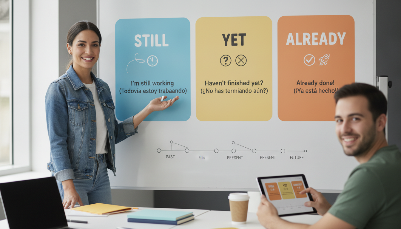 Create a stunning, professional hero image for a blog post titled "¿Cómo usar Still, Yet y Already en inglés? Guía práctica para no confundirlos jamás". Context: Somos Zero to TENglish, una academia de inglés online para hispanohablantes. Ofrecemos cursos estructurados por niveles CEFR: A1 (Zero to Beginner), A2 (Beginner to Explorer), B1 (Explorer to Speaker), B2 (Speaker to Pro), C1 (Pro to Fluent), y un programa especial para niños llamado Tiny Talkers. También ofrecemos un examen diagnóstico gratuito. TEMÁTICAS DEL BLOG (variar entre todas): - Tips y técnicas para aprender inglés más rápido - Gramática explicada de forma simple y práctica (tiempos verbales, preposiciones, condicionales, etc.) - Vocabulario temático (negocios, viajes, tecnología, medicina, vida diaria) - Phrasal verbs y expresiones idiomáticas con ejemplos reales - Errores comunes que cometen los hispanohablantes en inglés - Diferencias entre inglés americano y británico - Pronunciación y fonética (sonidos difíciles para hispanohablantes) - Preparación para exámenes (TOEFL, IELTS, Cambridge) - Inglés para situaciones específicas (entrevistas de trabajo, presentaciones, viajes) - Cultura anglosajona (costumbres, festividades, modismos culturales) - Recursos y herramientas para practicar inglés por tu cuenta - Historias de éxito y motivación para estudiantes - Comparativas español-inglés (false friends, cognados, estructuras diferentes) - Listening y comprensión auditiva (series, podcasts, música recomendada) - Business English y vocabulario profesional TONO Y ESTILO: - Amigable, cercano y motivador, como un profesor cool que te explica con ejemplos prácticos - Siempre incluir ejemplos en inglés con su traducción al español entre paréntesis - Usar analogías con situaciones cotidianas para explicar conceptos - Incluir mini-ejercicios o desafíos al final cuando sea posible - Cada artículo debe hacer que el lector sienta que aprendió algo útil de inmediato PÚBLICO OBJETIVO: - Adultos hispanohablantes de 18-45 años que quieren aprender o mejorar su inglés - Desde principiantes absolutos hasta niveles intermedios-avanzados - Personas que buscan mejorar su inglés por trabajo, viajes o desarrollo personal SEO: - Enfocar cada artículo en una keyword principal relacionada con aprender inglés - Usar preguntas que la gente buscaría en Google como parte de los títulos y headings - Incluir keywords long-tail naturalmente en el contenido CATEGORÍAS DISPONIBLES (usar de 1 a 2 por artículo): - Gramática - Vocabulario - Pronunciación - Tips de Aprendizaje - Business English - Cultura - Expresiones y Modismos - Exámenes - Recursos. The image should be eye-catching, modern, and relevant to the topic. Use vibrant colors and professional composition. Photorealistic style.