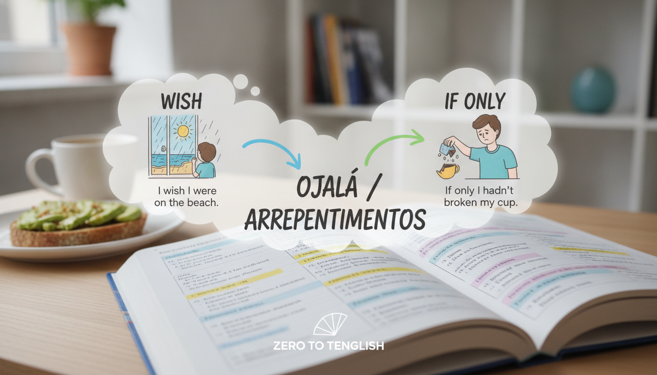 Create a stunning, professional hero image for a blog post titled "¿Cómo usar Wish e If Only en inglés? Aprende a expresar 'ojalá' y arrepentimientos sin complicarte". Context: Somos Zero to TENglish, una academia de inglés online para hispanohablantes. Ofrecemos cursos estructurados por niveles CEFR: A1 (Zero to Beginner), A2 (Beginner to Explorer), B1 (Explorer to Speaker), B2 (Speaker to Pro), C1 (Pro to Fluent), y un programa especial para niños llamado Tiny Talkers. También ofrecemos un examen diagnóstico gratuito. TEMÁTICAS DEL BLOG (variar entre todas): - Tips y técnicas para aprender inglés más rápido - Gramática explicada de forma simple y práctica (tiempos verbales, preposiciones, condicionales, etc.) - Vocabulario temático (negocios, viajes, tecnología, medicina, vida diaria) - Phrasal verbs y expresiones idiomáticas con ejemplos reales - Errores comunes que cometen los hispanohablantes en inglés - Diferencias entre inglés americano y británico - Pronunciación y fonética (sonidos difíciles para hispanohablantes) - Preparación para exámenes (TOEFL, IELTS, Cambridge) - Inglés para situaciones específicas (entrevistas de trabajo, presentaciones, viajes) - Cultura anglosajona (costumbres, festividades, modismos culturales) - Recursos y herramientas para practicar inglés por tu cuenta - Historias de éxito y motivación para estudiantes - Comparativas español-inglés (false friends, cognados, estructuras diferentes) - Listening y comprensión auditiva (series, podcasts, música recomendada) - Business English y vocabulario profesional TONO Y ESTILO: - Amigable, cercano y motivador, como un profesor cool que te explica con ejemplos prácticos - Siempre incluir ejemplos en inglés con su traducción al español entre paréntesis - Usar analogías con situaciones cotidianas para explicar conceptos - Incluir mini-ejercicios o desafíos al final cuando sea posible - Cada artículo debe hacer que el lector sienta que aprendió algo útil de inmediato PÚBLICO OBJETIVO: - Adultos hispanohablantes de 18-45 años que quieren aprender o mejorar su inglés - Desde principiantes absolutos hasta niveles intermedios-avanzados - Personas que buscan mejorar su inglés por trabajo, viajes o desarrollo personal SEO: - Enfocar cada artículo en una keyword principal relacionada con aprender inglés - Usar preguntas que la gente buscaría en Google como parte de los títulos y headings - Incluir keywords long-tail naturalmente en el contenido CATEGORÍAS DISPONIBLES (usar de 1 a 2 por artículo): - Gramática - Vocabulario - Pronunciación - Tips de Aprendizaje - Business English - Cultura - Expresiones y Modismos - Exámenes - Recursos. The image should be eye-catching, modern, and relevant to the topic. Use vibrant colors and professional composition. Photorealistic style.