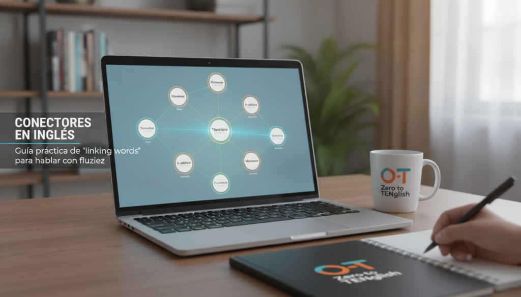 Create a stunning, professional hero image for a blog post titled "Conectores en inglés: Guía práctica de 'linking words' para hablar con fluidez". Context: Somos Zero to TENglish, una academia de inglés online para hispanohablantes. Ofrecemos cursos estructurados por niveles CEFR: A1 (Zero to Beginner), A2 (Beginner to Explorer), B1 (Explorer to Speaker), B2 (Speaker to Pro), C1 (Pro to Fluent), y un programa especial para niños llamado Tiny Talkers. También ofrecemos un examen diagnóstico gratuito. TEMÁTICAS DEL BLOG (variar entre todas): - Tips y técnicas para aprender inglés más rápido - Gramática explicada de forma simple y práctica (tiempos verbales, preposiciones, condicionales, etc.) - Vocabulario temático (negocios, viajes, tecnología, medicina, vida diaria) - Phrasal verbs y expresiones idiomáticas con ejemplos reales - Errores comunes que cometen los hispanohablantes en inglés - Diferencias entre inglés americano y británico - Pronunciación y fonética (sonidos difíciles para hispanohablantes) - Preparación para exámenes (TOEFL, IELTS, Cambridge) - Inglés para situaciones específicas (entrevistas de trabajo, presentaciones, viajes) - Cultura anglosajona (costumbres, festividades, modismos culturales) - Recursos y herramientas para practicar inglés por tu cuenta - Historias de éxito y motivación para estudiantes - Comparativas español-inglés (false friends, cognados, estructuras diferentes) - Listening y comprensión auditiva (series, podcasts, música recomendada) - Business English y vocabulario profesional TONO Y ESTILO: - Amigable, cercano y motivador, como un profesor cool que te explica con ejemplos prácticos - Siempre incluir ejemplos en inglés con su traducción al español entre paréntesis - Usar analogías con situaciones cotidianas para explicar conceptos - Incluir mini-ejercicios o desafíos al final cuando sea posible - Cada artículo debe hacer que el lector sienta que aprendió algo útil de inmediato PÚBLICO OBJETIVO: - Adultos hispanohablantes de 18-45 años que quieren aprender o mejorar su inglés - Desde principiantes absolutos hasta niveles intermedios-avanzados - Personas que buscan mejorar su inglés por trabajo, viajes o desarrollo personal SEO: - Enfocar cada artículo en una keyword principal relacionada con aprender inglés - Usar preguntas que la gente buscaría en Google como parte de los títulos y headings - Incluir keywords long-tail naturalmente en el contenido CATEGORÍAS DISPONIBLES (usar de 1 a 2 por artículo): - Gramática - Vocabulario - Pronunciación - Tips de Aprendizaje - Business English - Cultura - Expresiones y Modismos - Exámenes - Recursos. The image should be eye-catching, modern, and relevant to the topic. Use vibrant colors and professional composition. Photorealistic style.