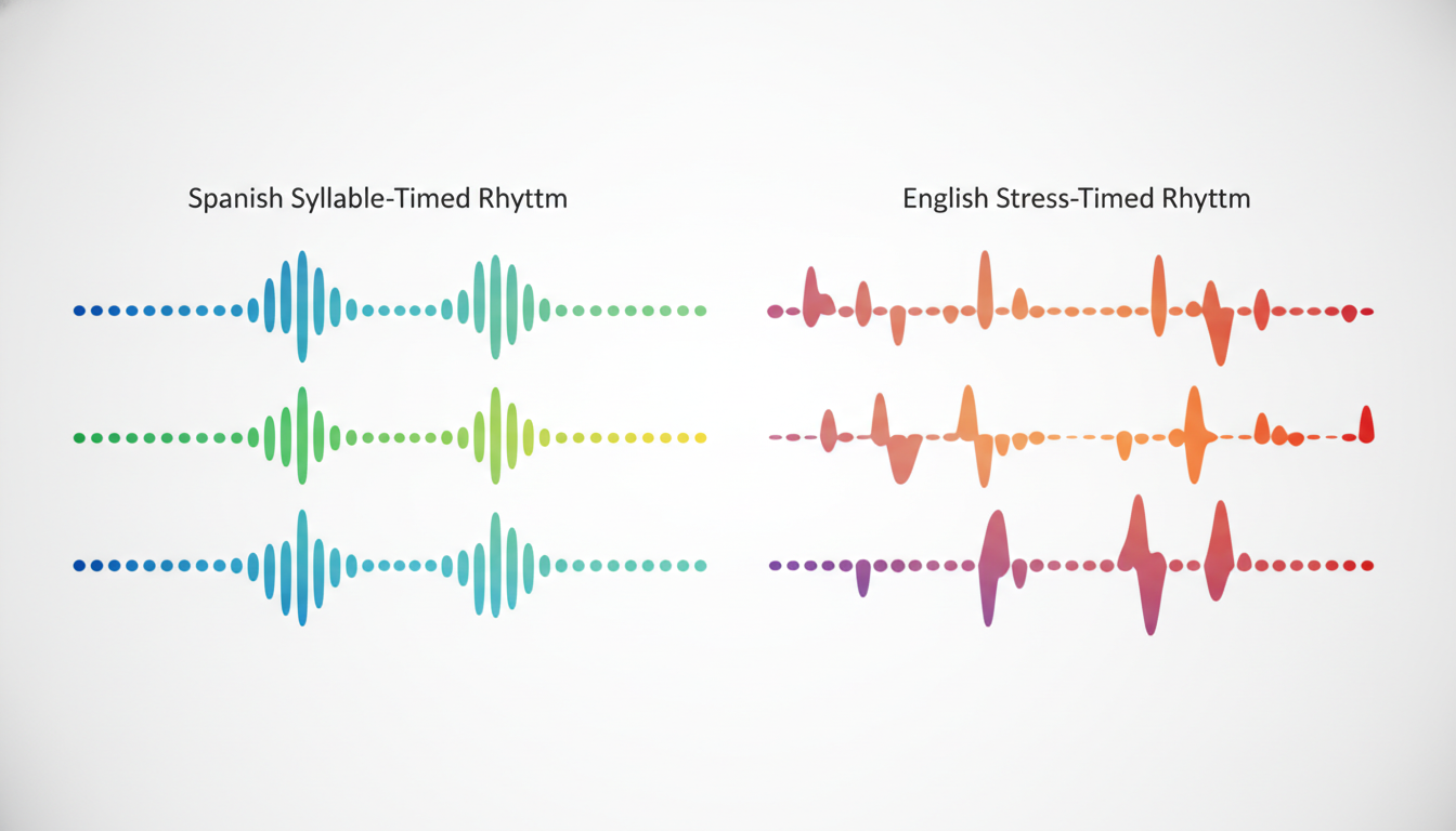 A visual diagram comparing Spanish syllable-timed rhythm versus English stress-timed rhythm using colorful soundwave graphics, clean and minimalist design