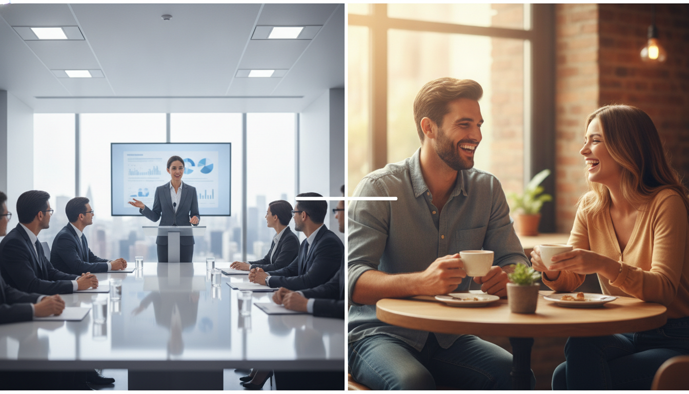 A split-screen illustration showing two distinct communication scenes: on the left, a formal business meeting with a professional speaking at a podium; on the right, two close friends laughing and talking over coffee, clean modern vector style